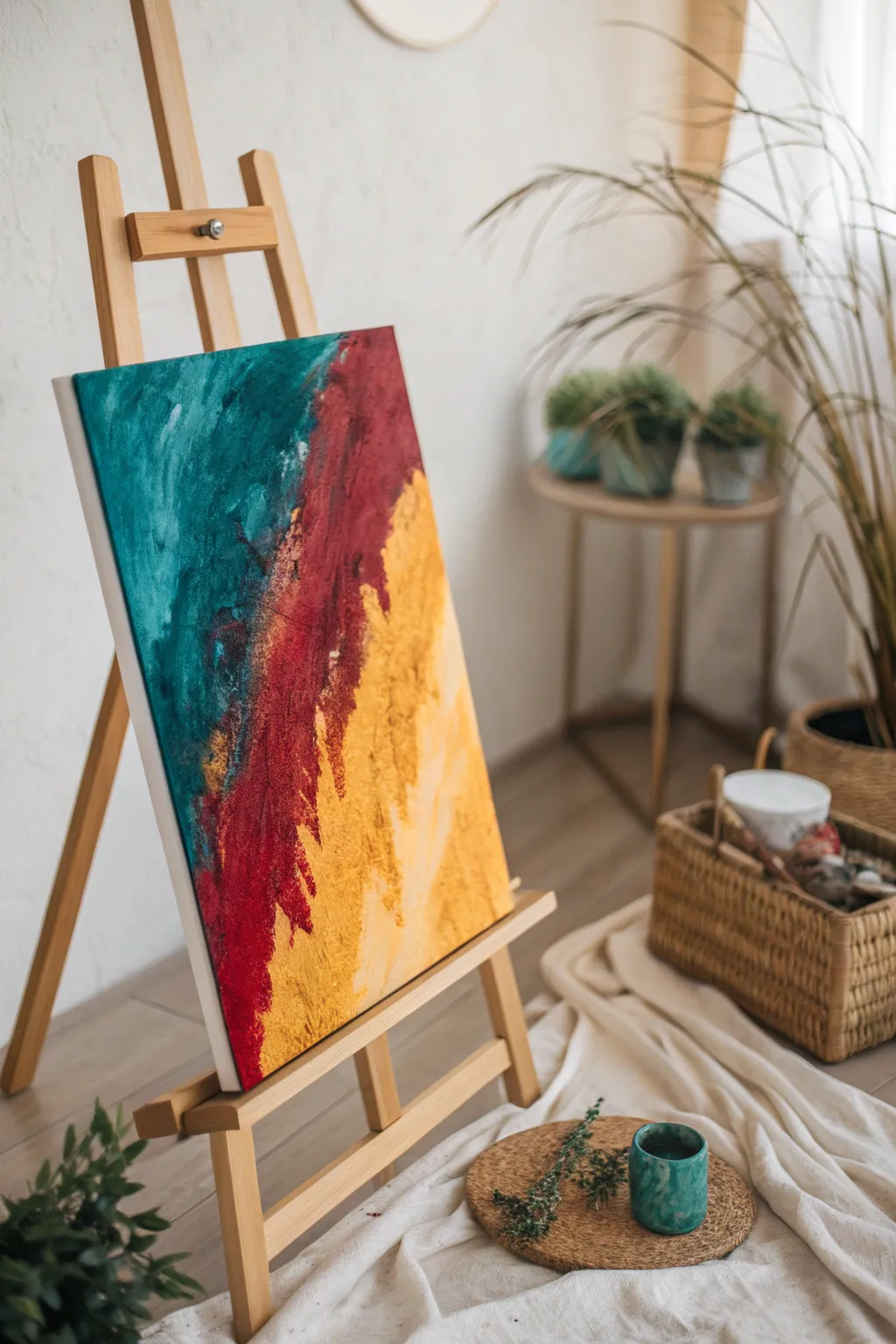 Unleash your creativity with bold abstract color play in oil pastels – where Scandinavian simplicity meets Boho warmth.