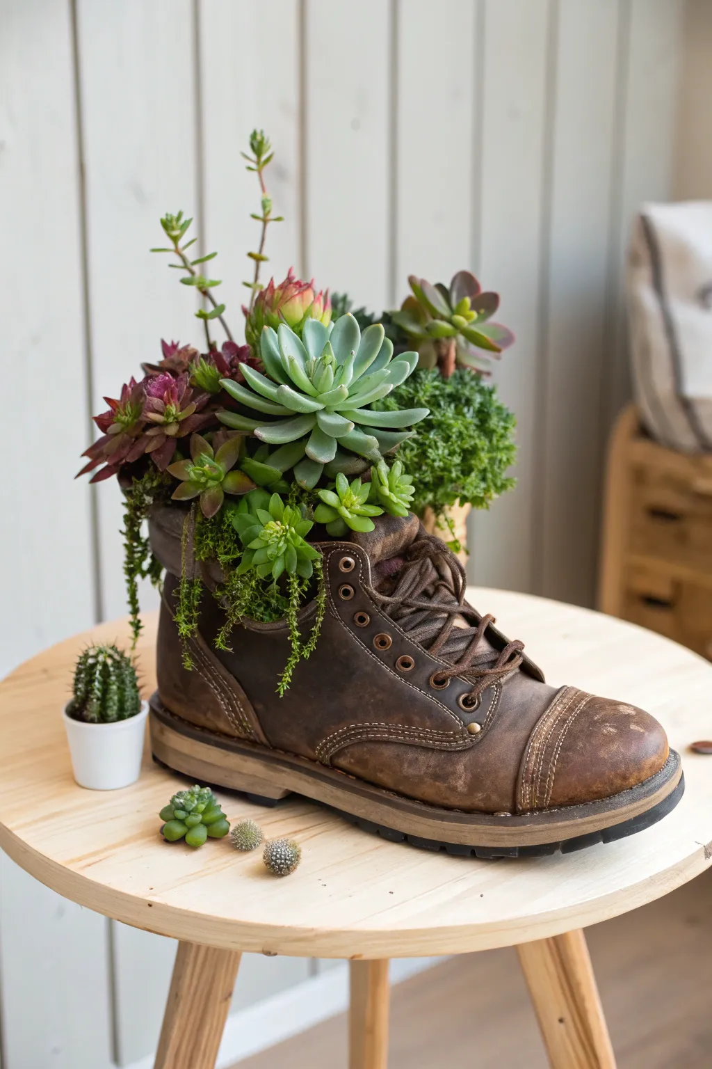Breathing new life into nostalgia: A vintage hiking boot becomes a vibrant succulent planter.