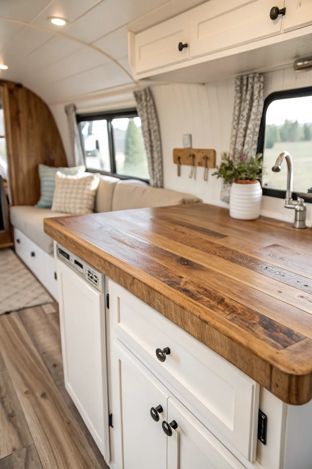 Transform your camper with the timeless charm of reclaimed wood accents, blending rustic warmth with minimalist elegance.