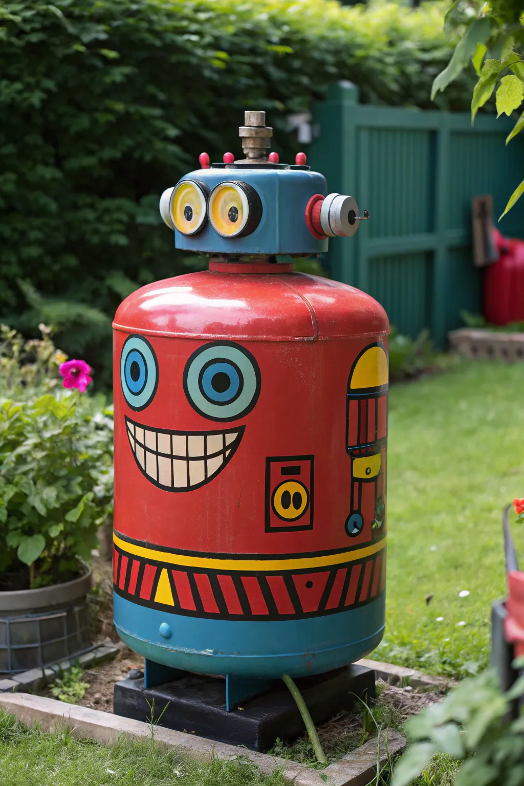 Transform your garden with this whimsical robot art piece, crafted from an old pressure tank!