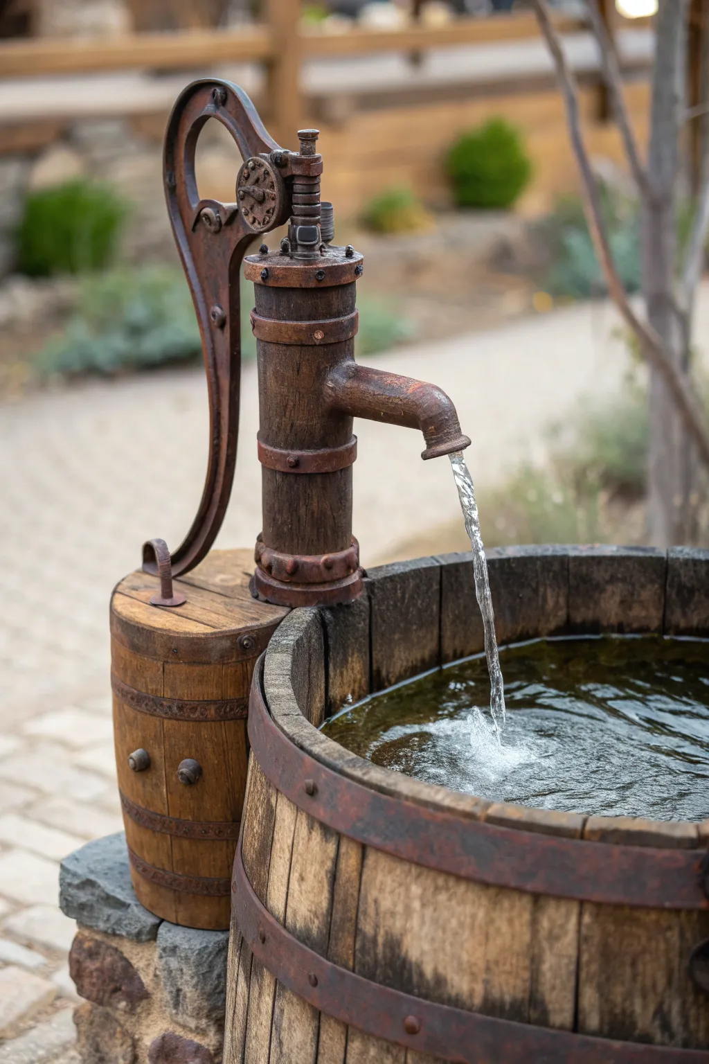 Transform your space with old-world charm: A vintage pump fountain crafted from a whiskey barrel.