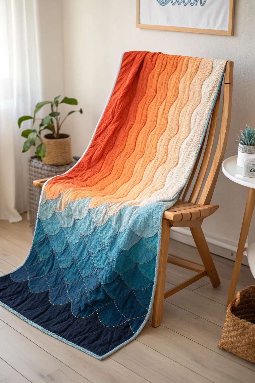 Embrace the serenity of sunset waves with this beautifully crafted ombre quilt.