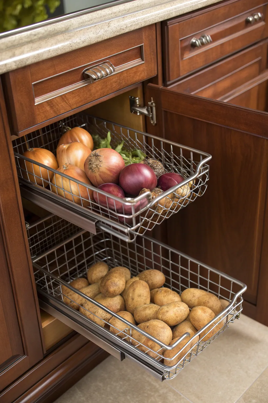 Elevate your kitchen organization with sleek pull-out baskets for easy access and impeccable style.