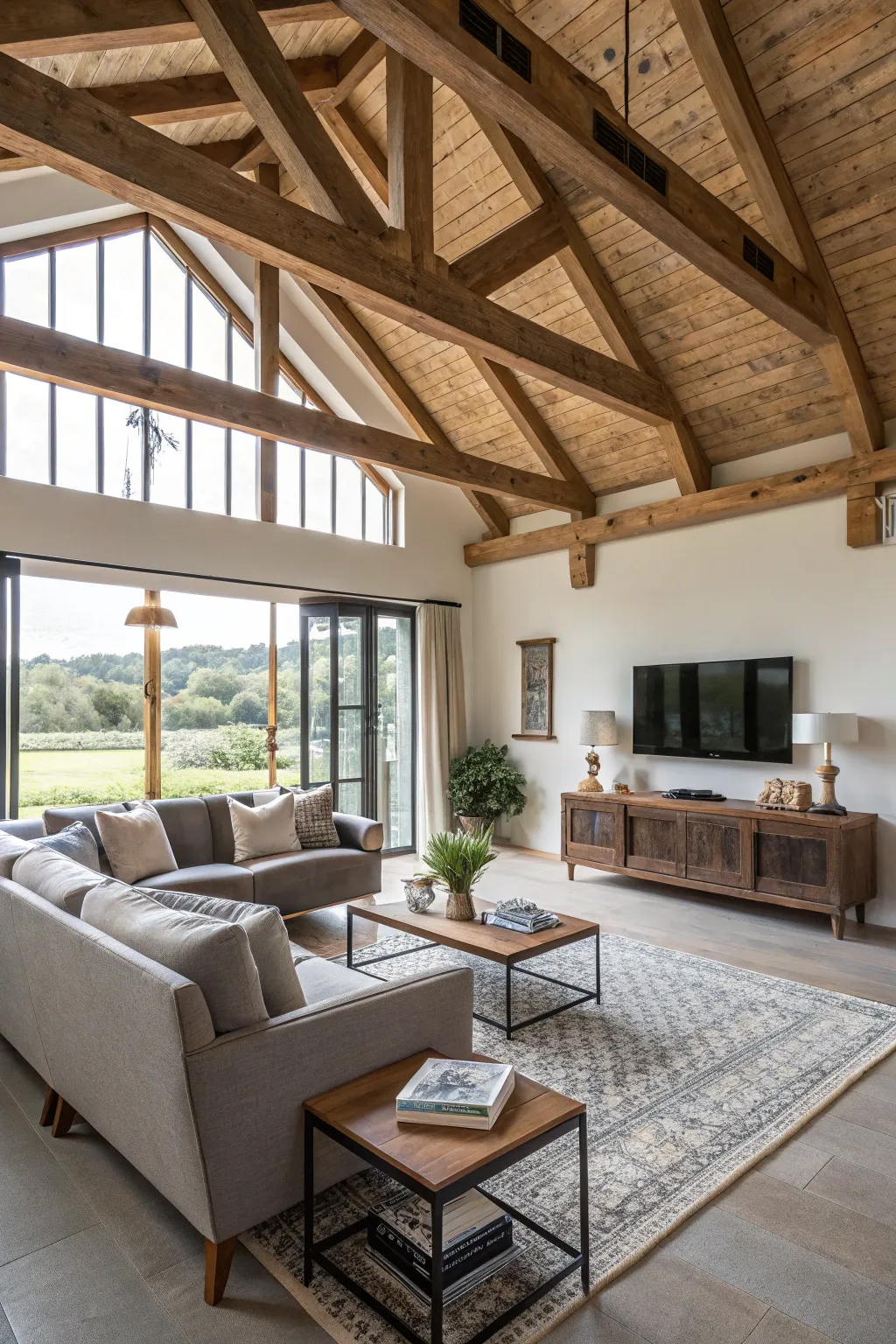 A perfect blend of modern comfort and rustic elegance in this open ceiling space.