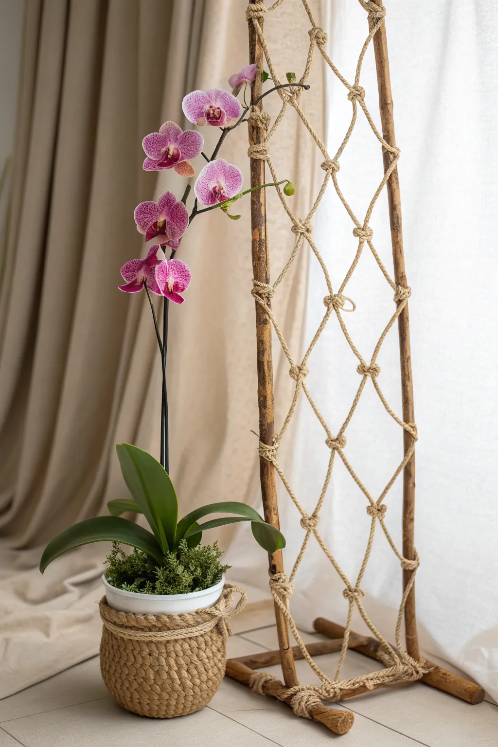 Embrace natural beauty with a boho-chic orchid trellis crafted from jute fibers.