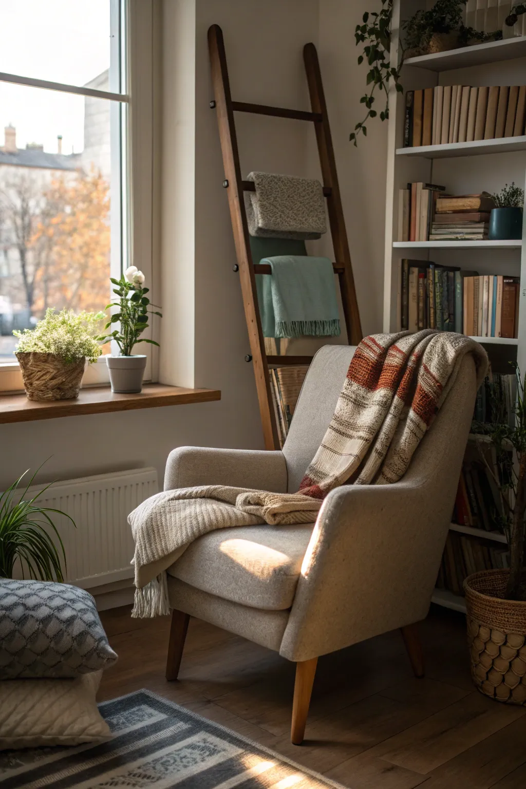 A reading nook enhanced by stylish blanket storage