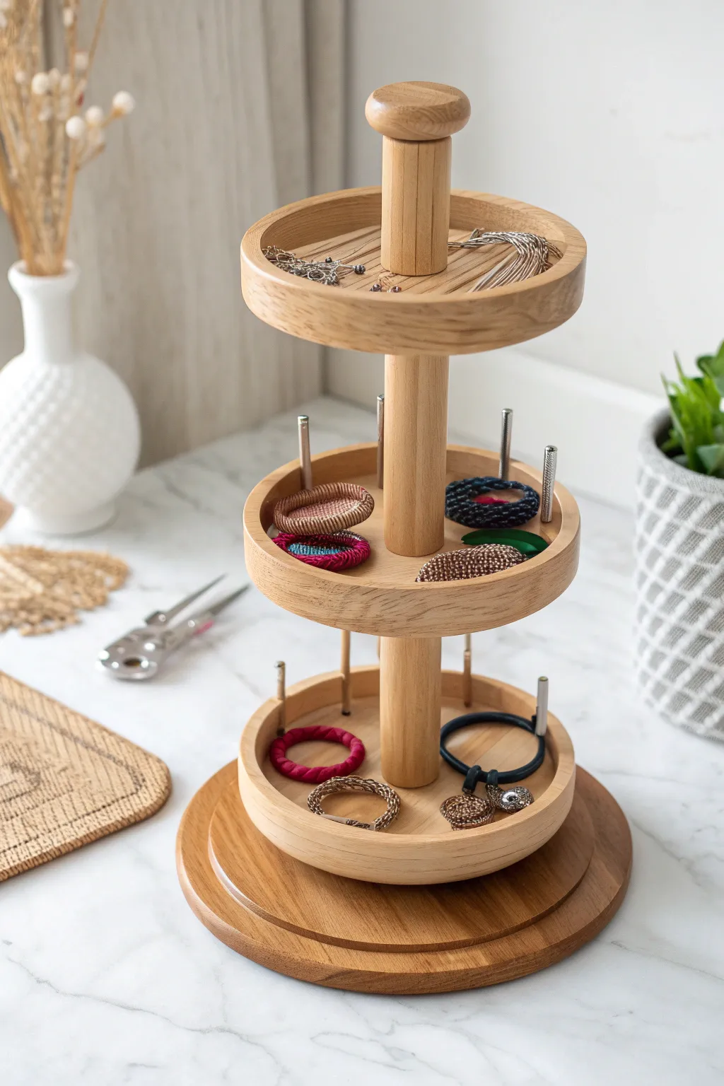 Effortlessly organize your hair essentials with a chic rotating carousel stand. Perfect blend of minimalist design and boho charm!