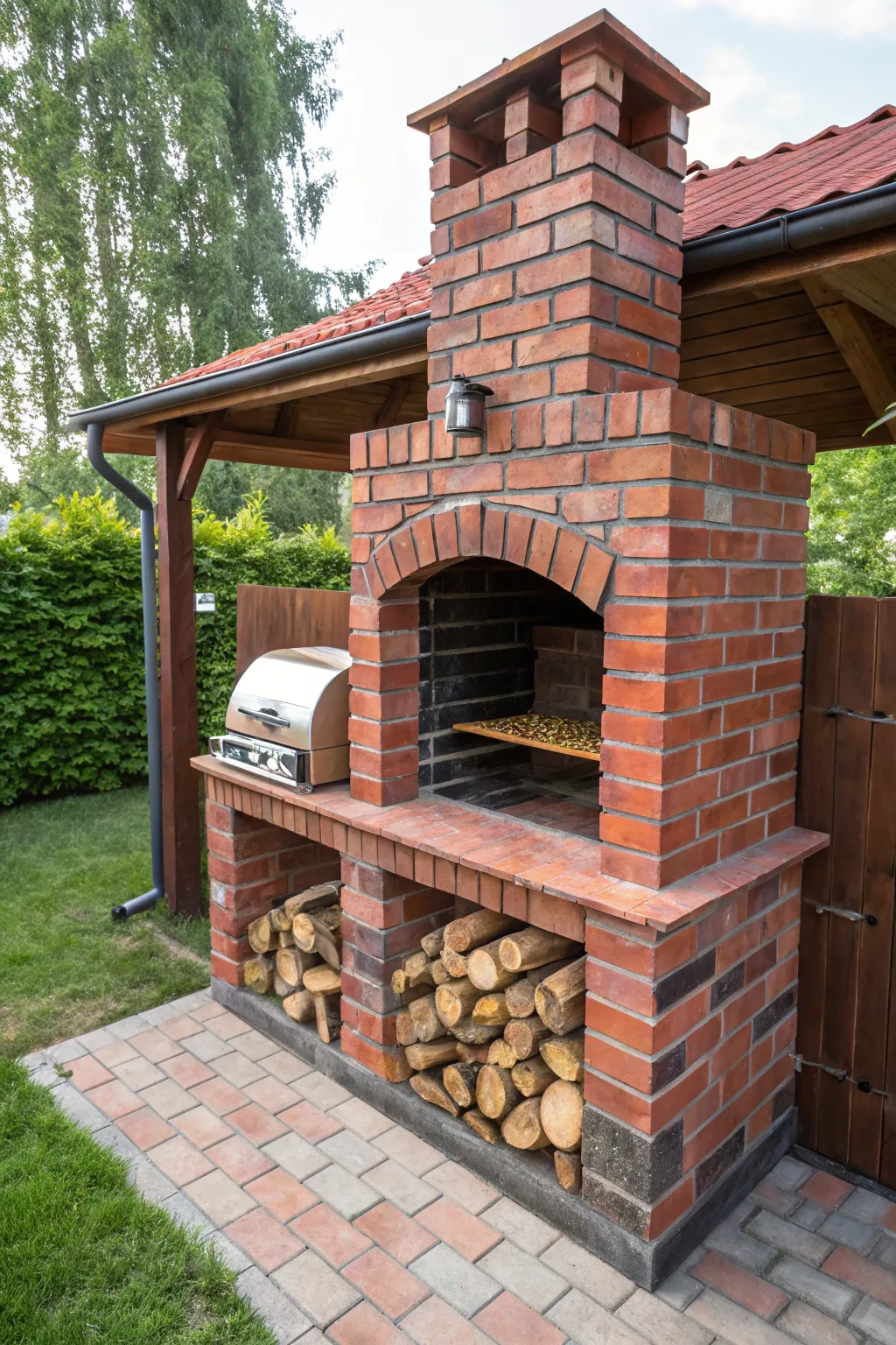 Elevate your grilling game with this rustic brick BBQ featuring convenient wood storage. A perfect blend of style and functionality for the outdoor enthusiast.