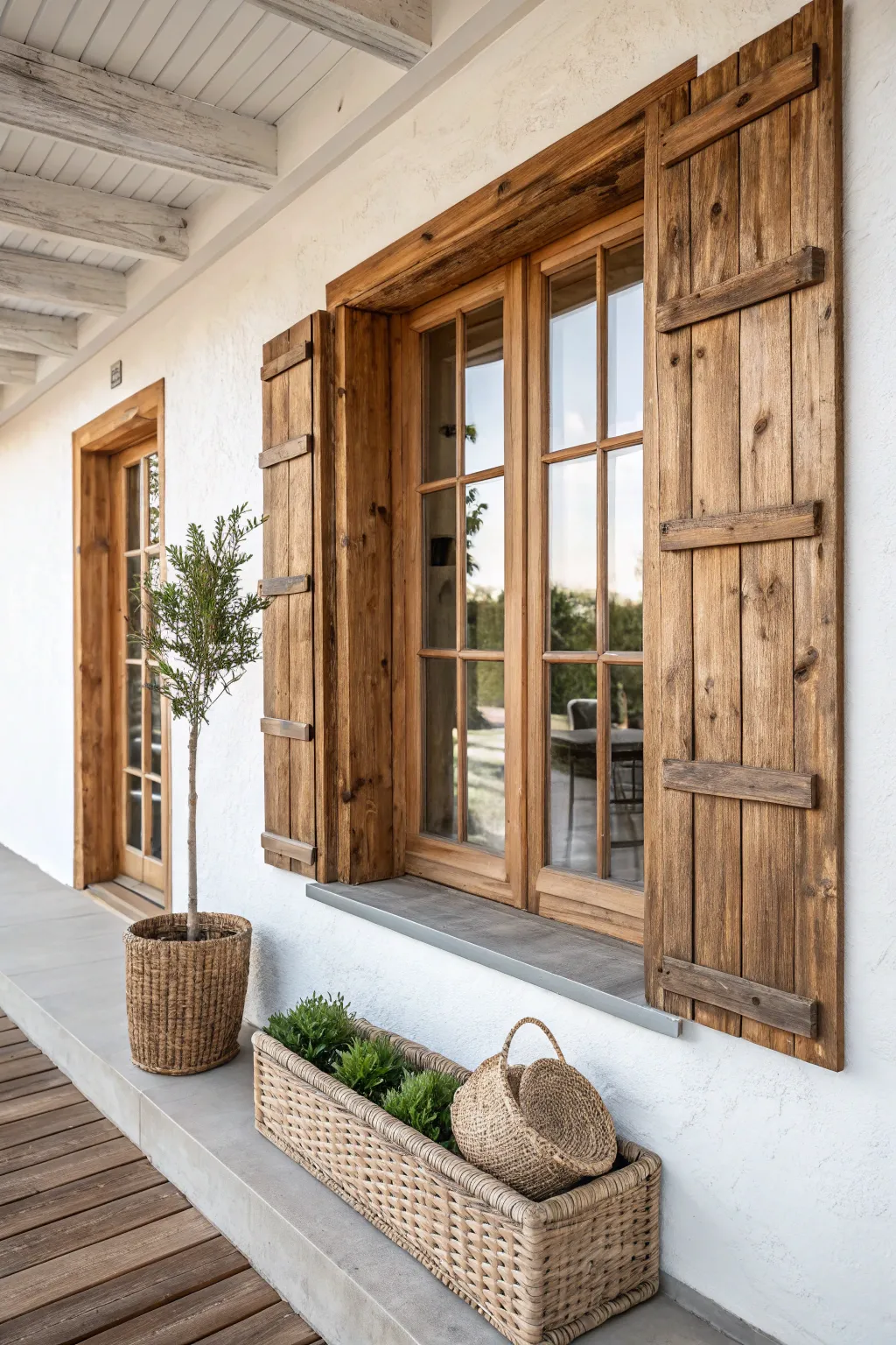 Transform your patio with rustic charm using reclaimed wooden panels in a striking window design.