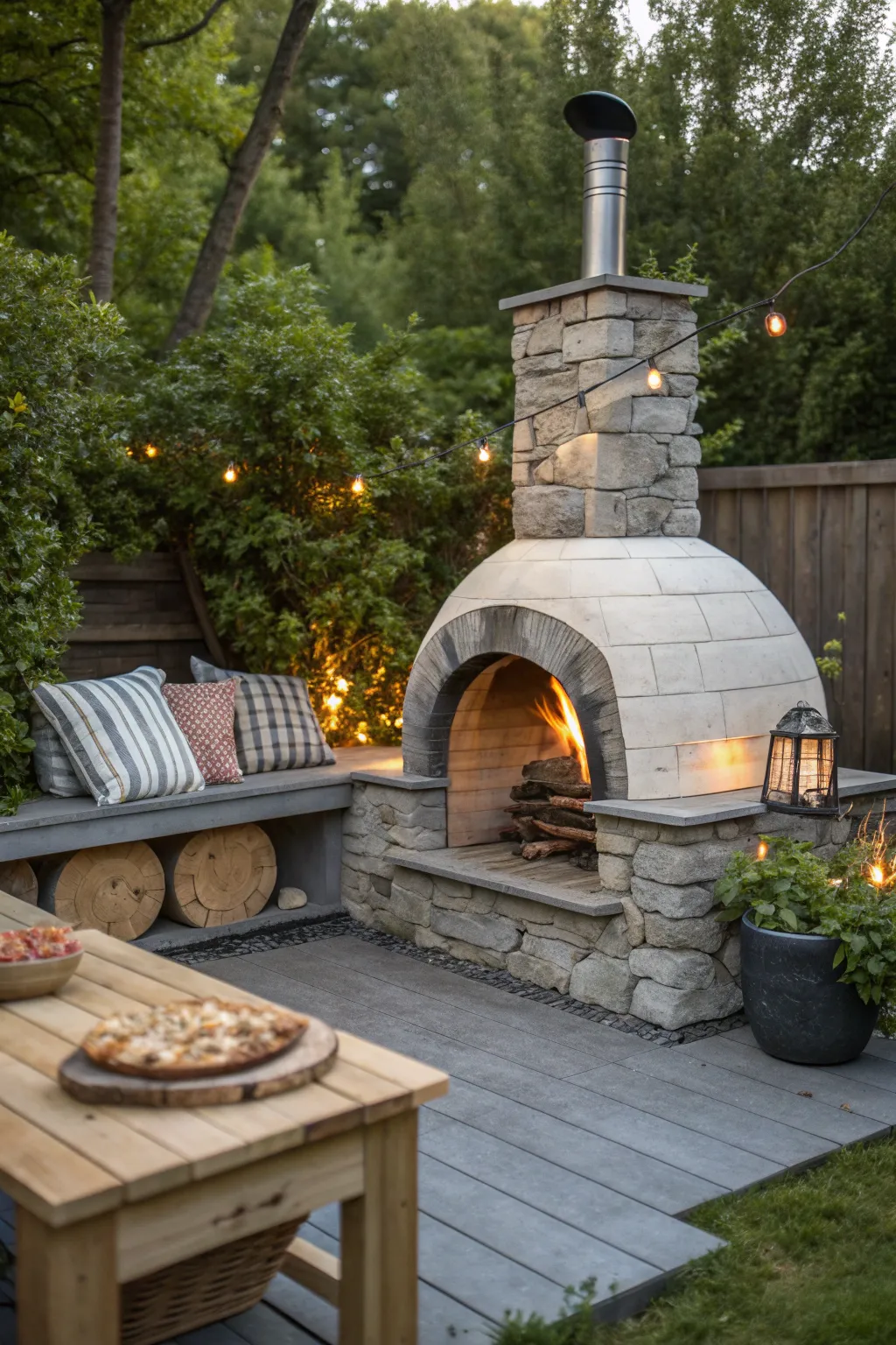 Experience the perfect blend of warmth and flavor with this stunning fireplace and pizza oven duo. #ScandinavianCharm #OutdoorLiving
