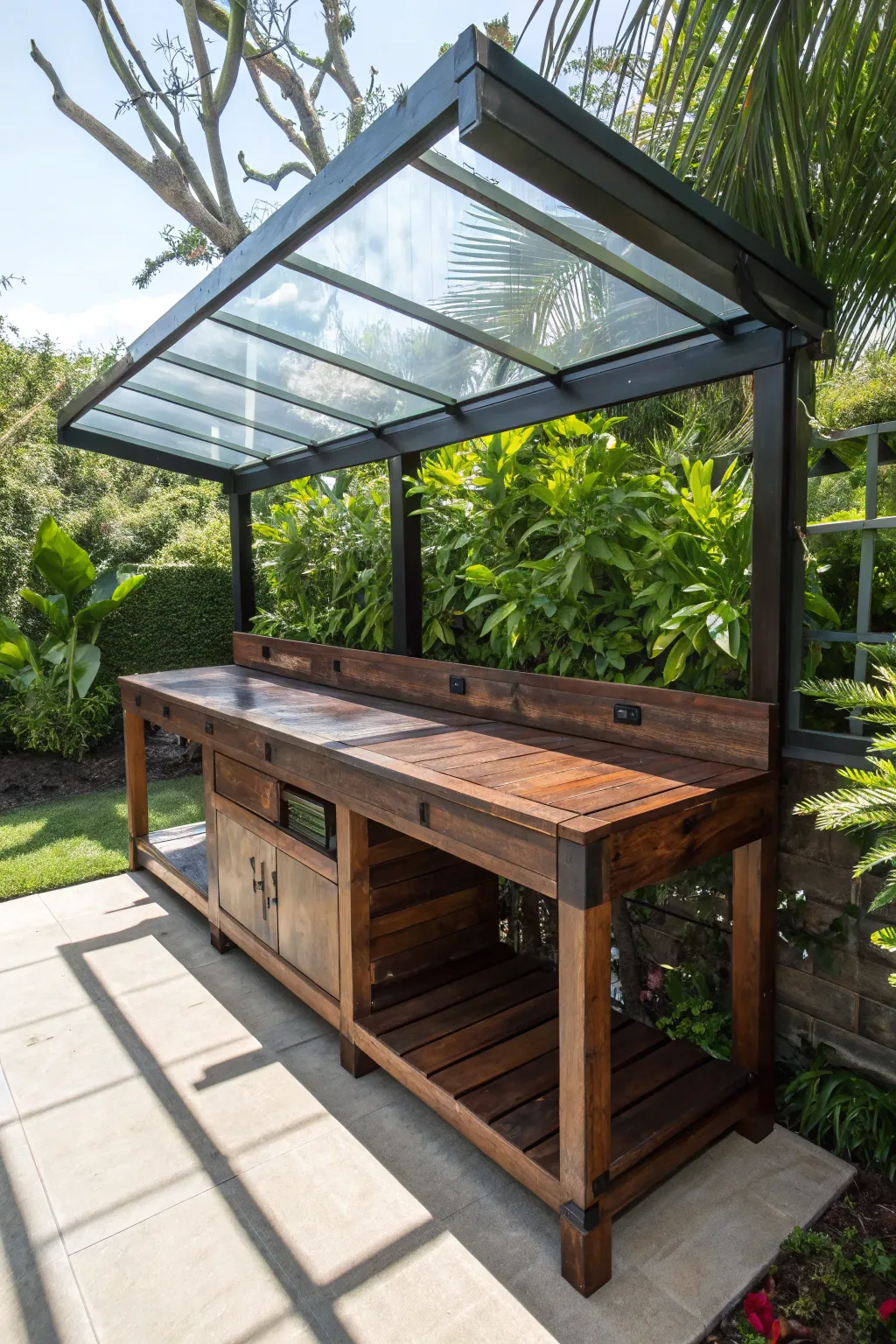 Elevate your outdoor workspace with greenhouse chic: a perfect blend of function and style.