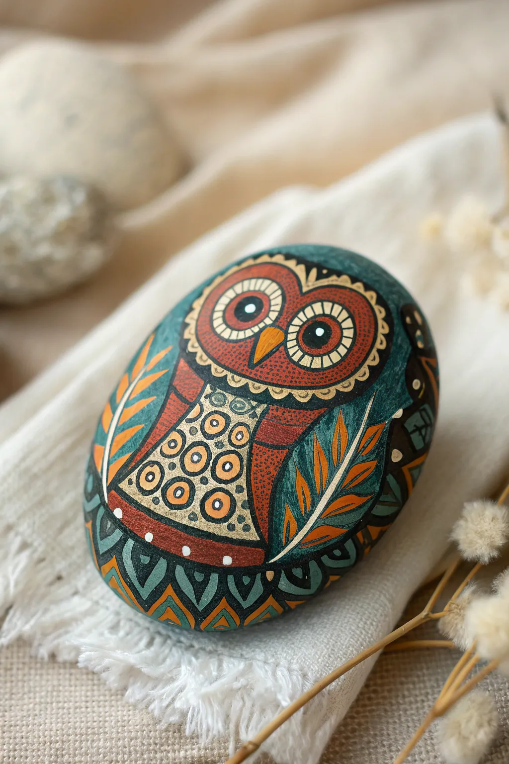 Bring nature indoors with this whimsical owl rock painting, a perfect blend of minimalist elegance and boho charm.