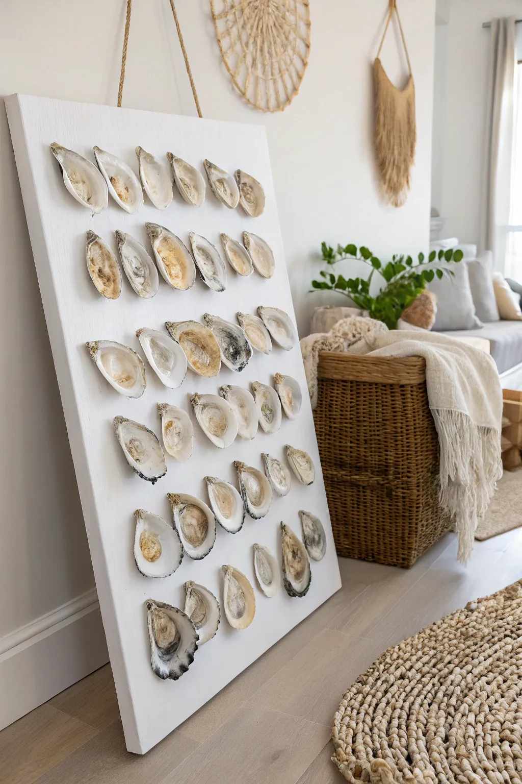 Transform your space with nautical charm: Oyster shell art that brings the beach home.