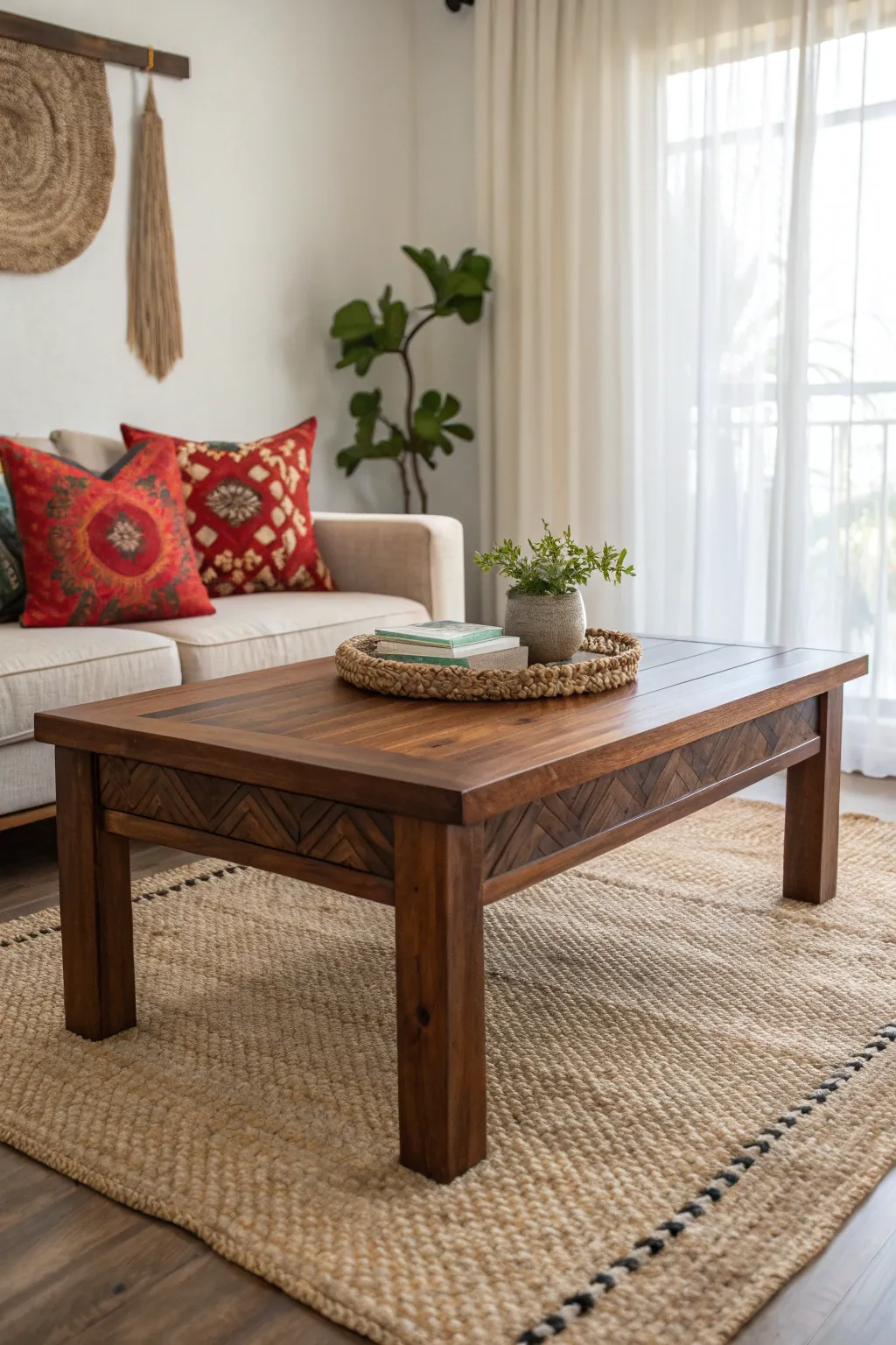 Transform your space with the timeless elegance of a walnut-stained coffee table.