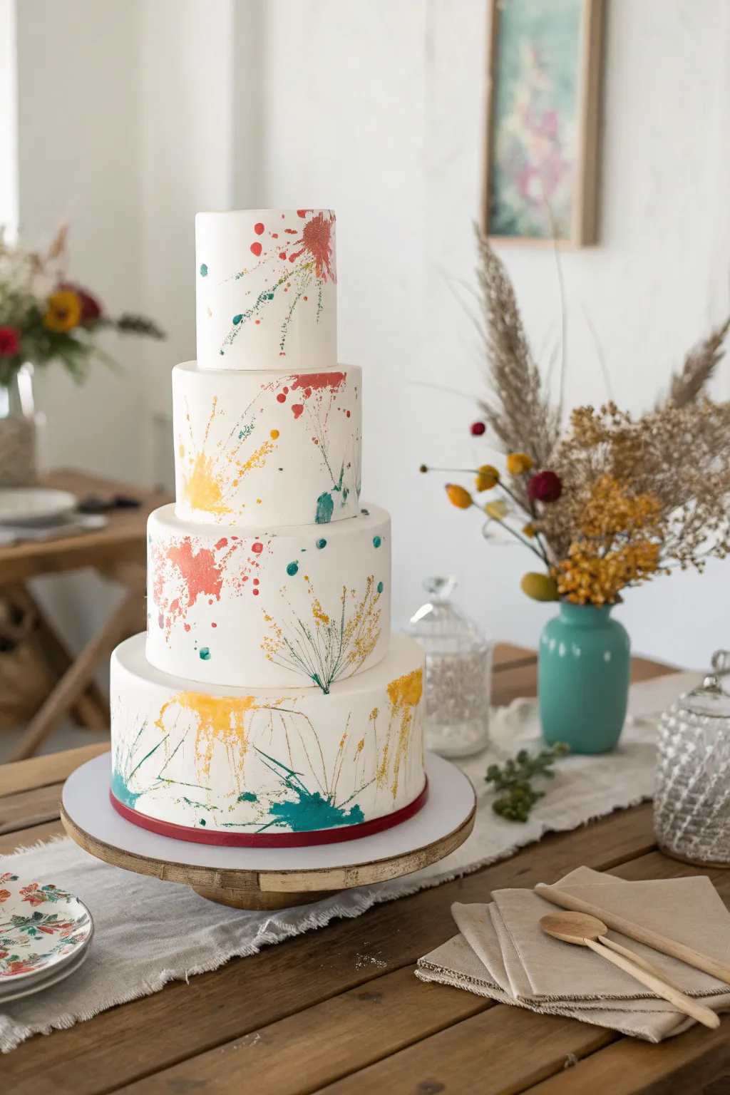 Elevate your celebration with a masterpiece of splatter art—each layer a splash of creativity and color!