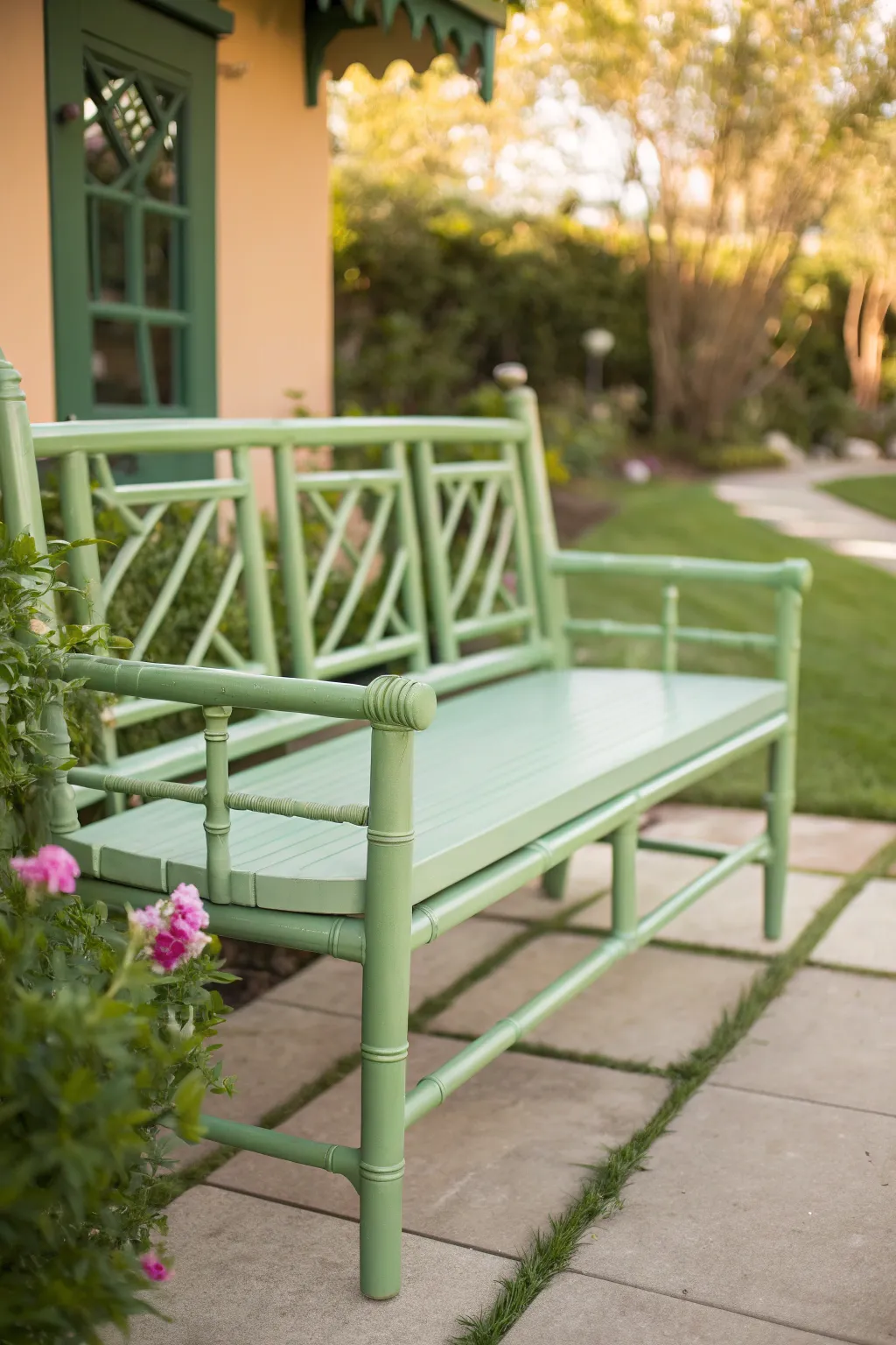 Transform your outdoor space with a mint green bamboo bench—where minimalist design meets natural beauty.