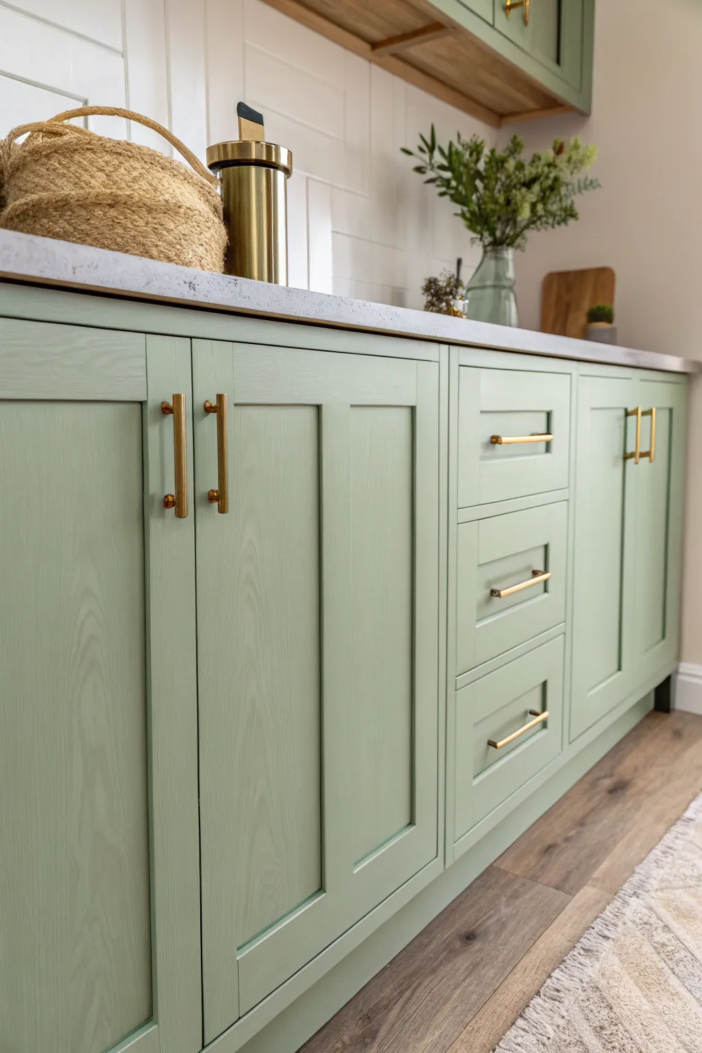 Embrace serenity with sage green cabinets, where minimalist elegance meets boho charm.