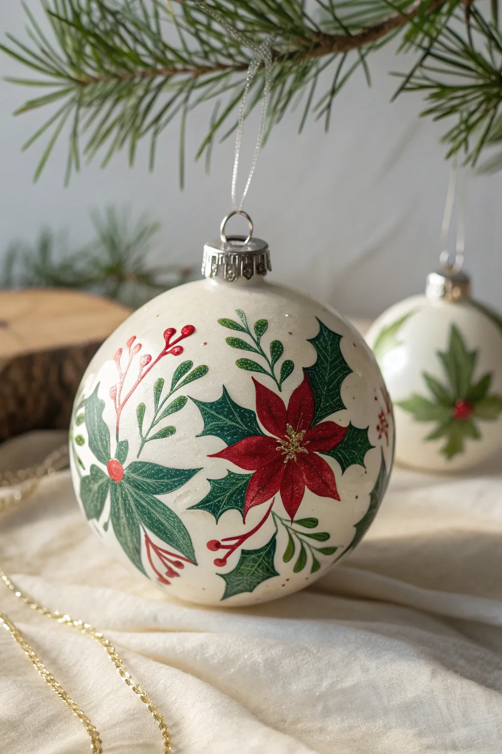 Embrace the festive spirit with handcrafted elegance: a minimalist ornament adorned with lush holly and poinsettia motifs.
