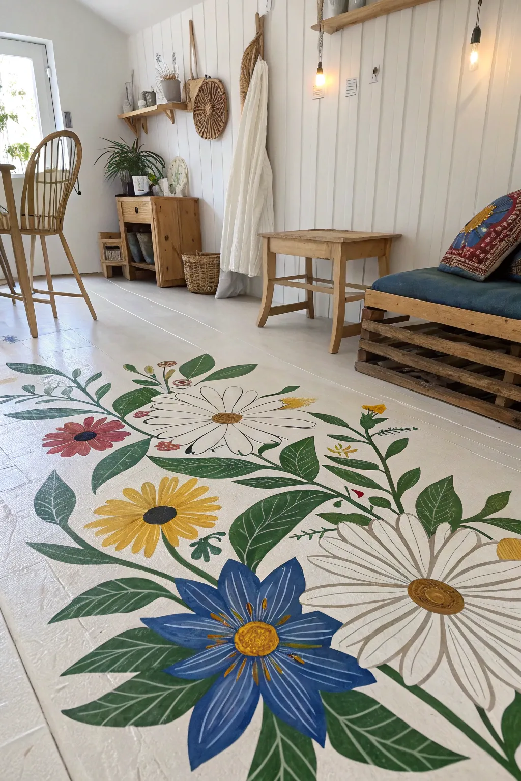 Step into a Floral Fantasy: Transform your space with the timeless charm of a daisy-painted floor.
