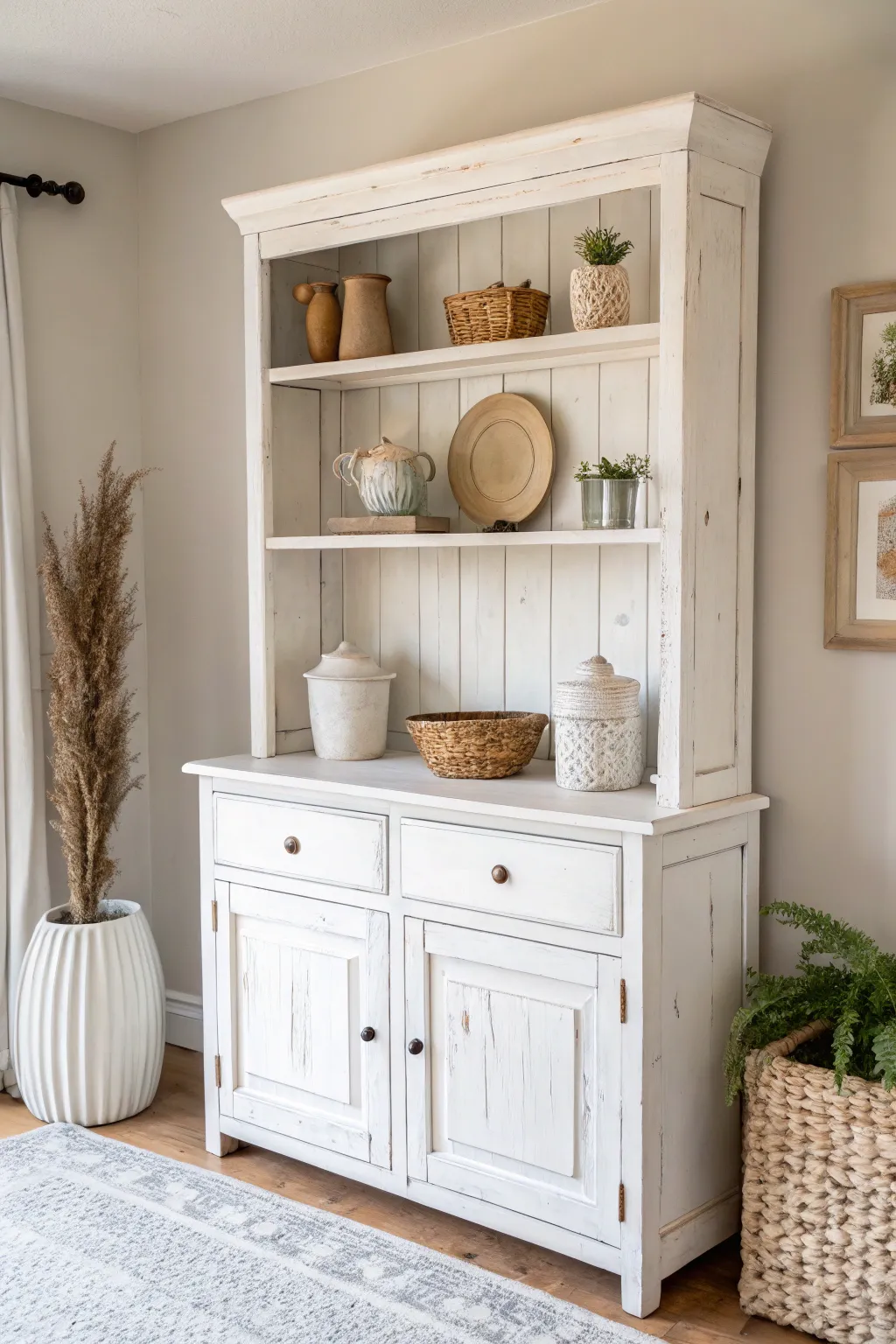 Transform your space with the timeless elegance of a farmhouse white hutch, where simplicity meets natural beauty.