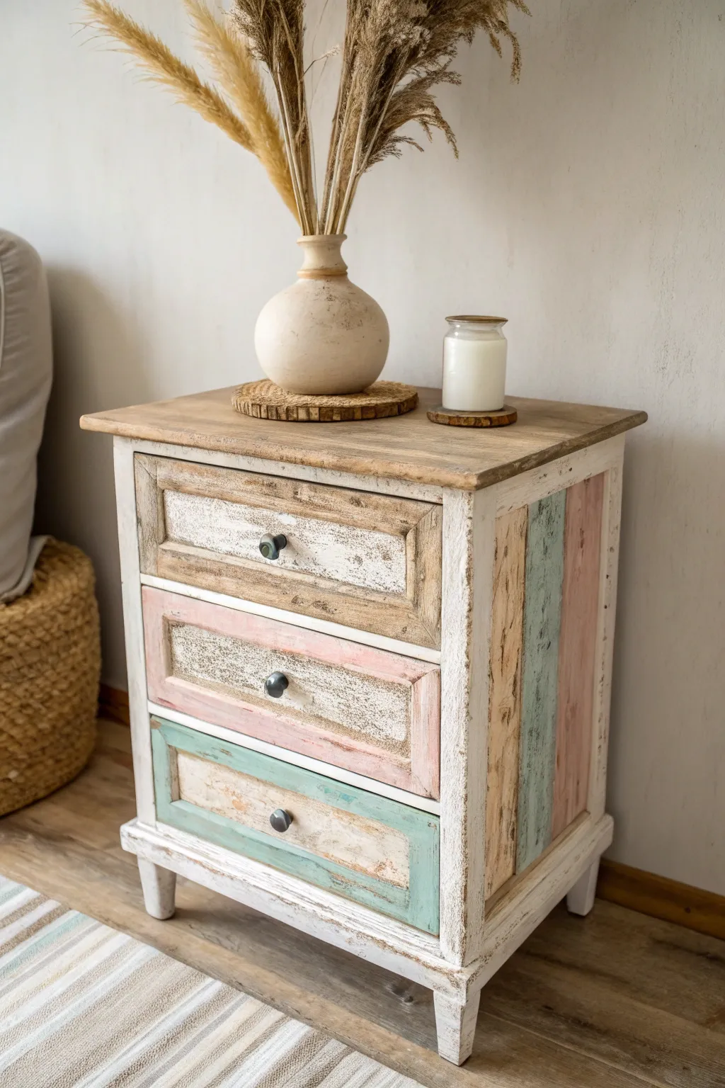 Embrace rustic charm with a distressed vintage nightstand, where layers of color tell a story of elegance and simplicity.