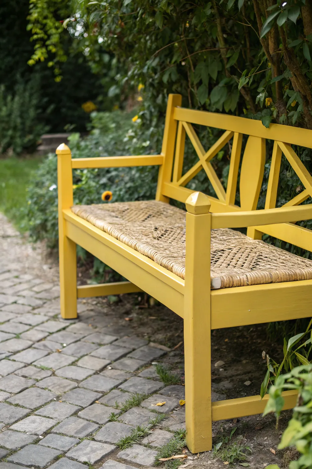 Brighten your garden with a sunny yellow bench that brings warmth and joy to any outdoor space.
