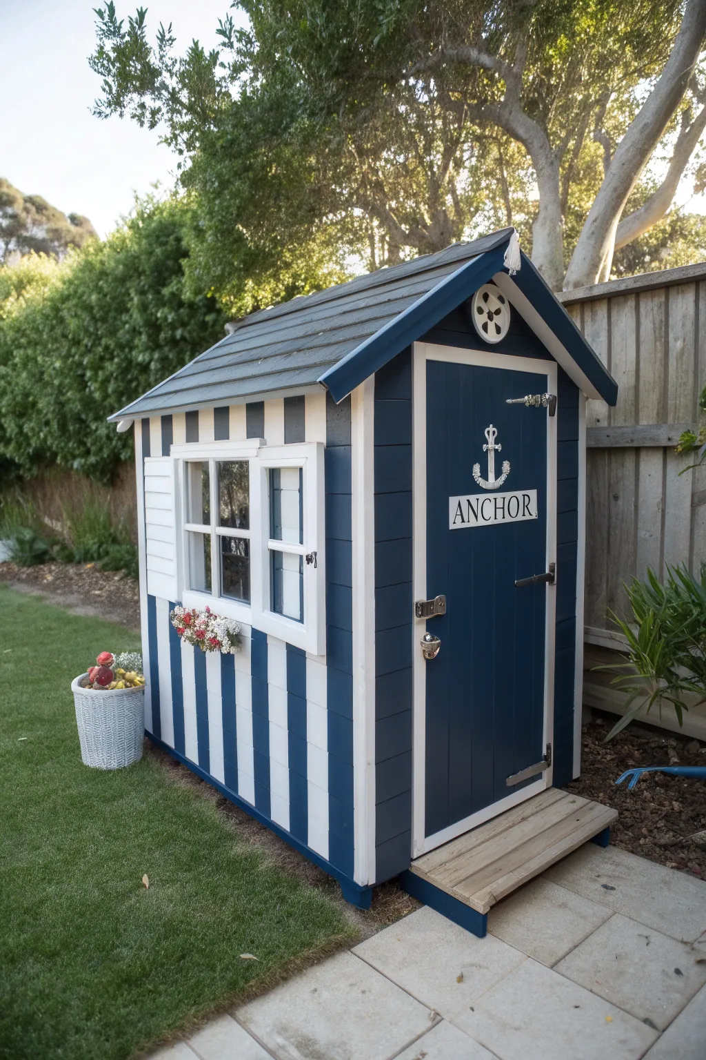 Set sail on backyard adventures with this charming nautical nook playhouse!