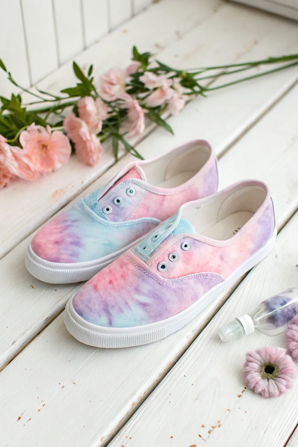 Step into a pastel dreamscape with these beautifully crafted tie-dye shoes.