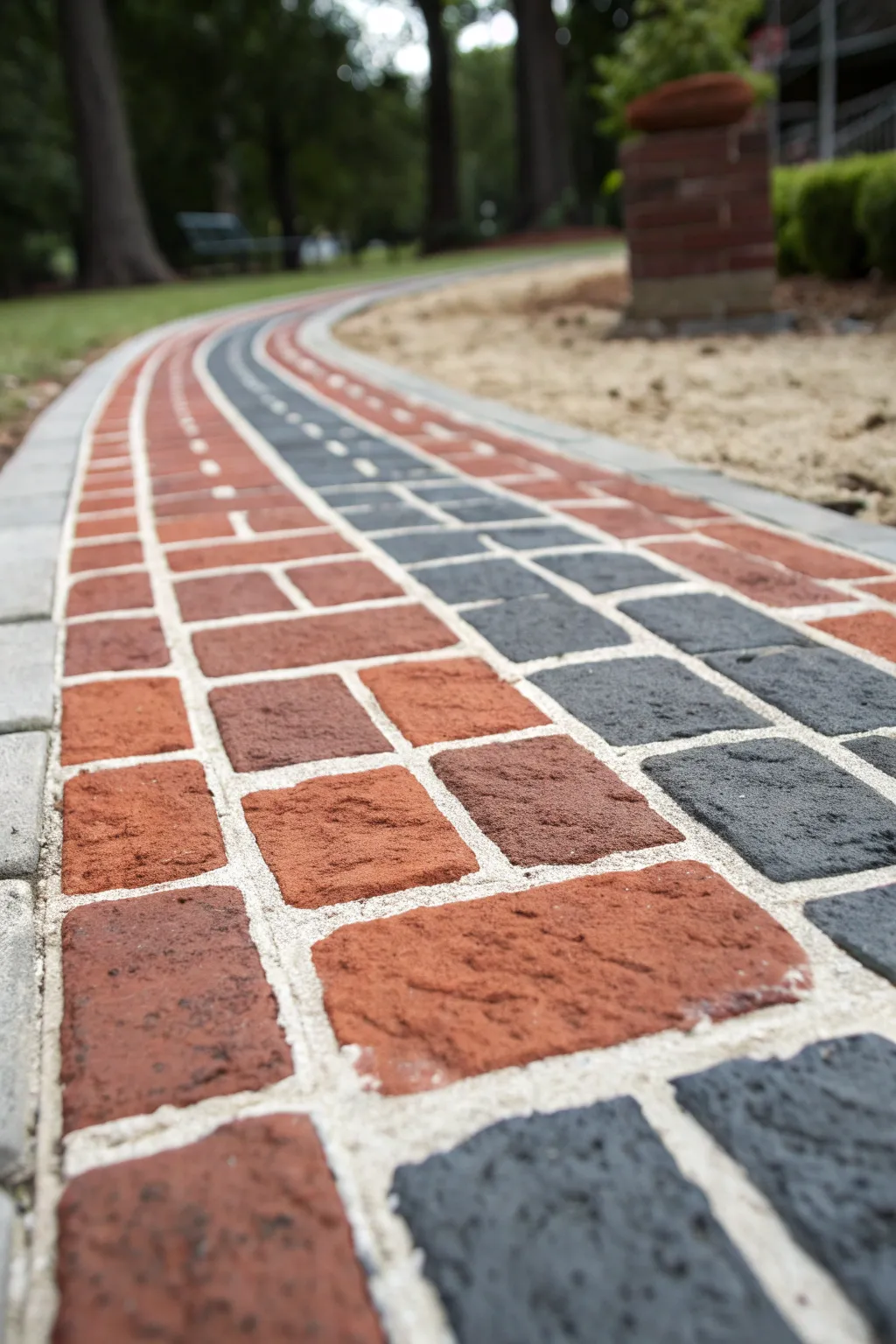 Transform your walkway with a stunning faux brick finish that combines minimalist elegance with bold colors!