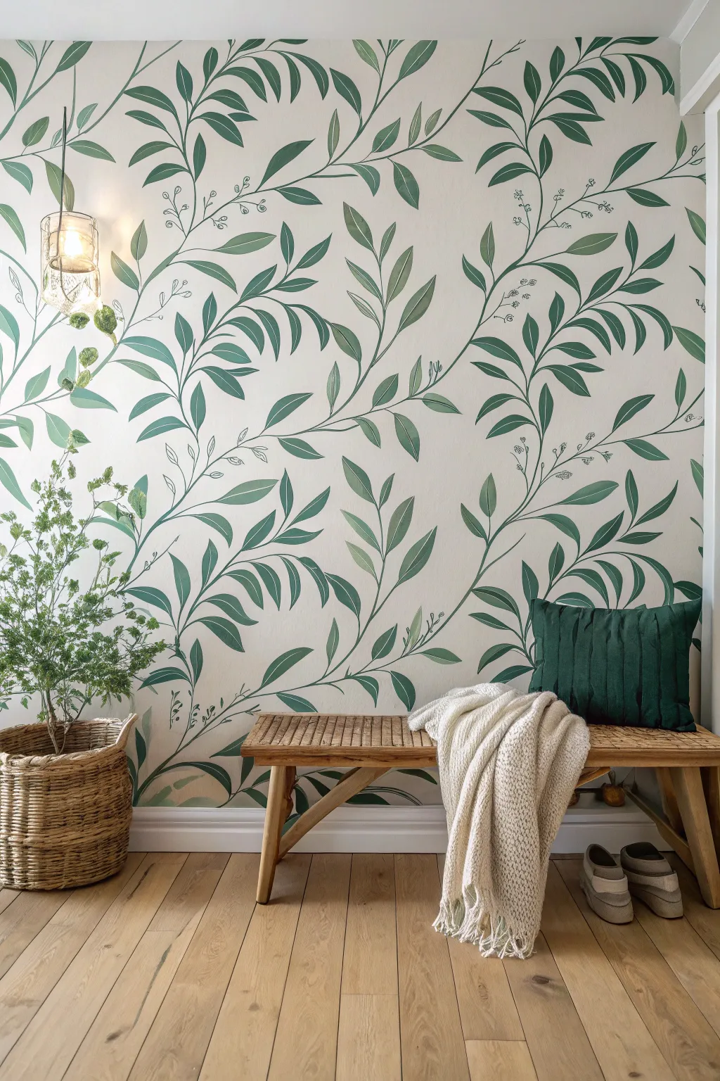 Bring the outdoors inside with this stunning leafy vine wallpaper design—where nature meets minimalist elegance.
