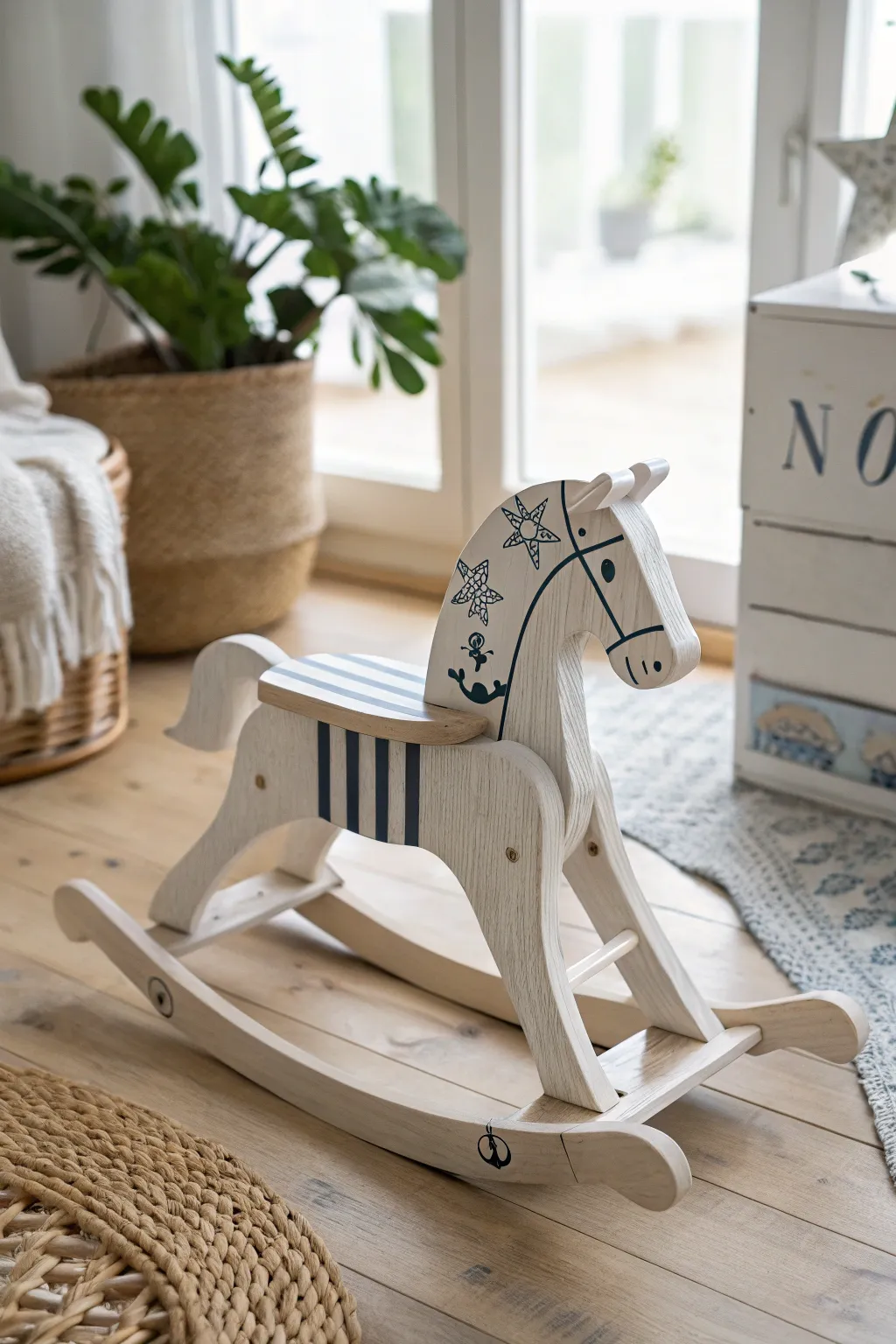 Set sail on a nautical adventure with this charming minimalist rocking horse.