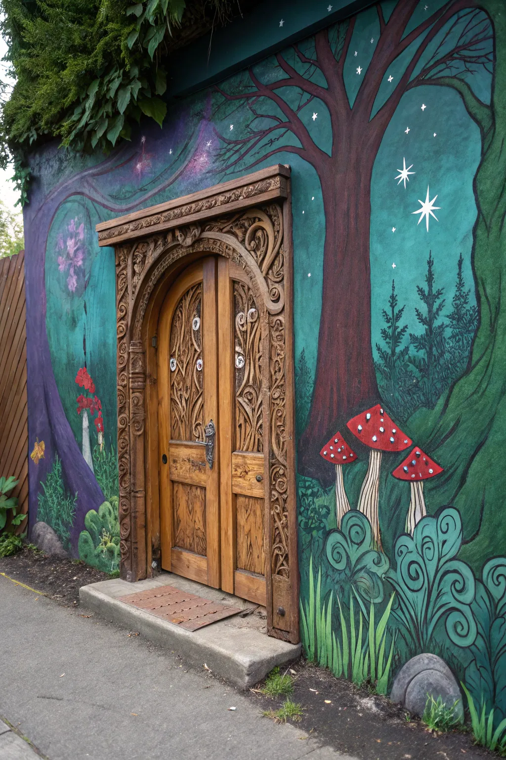 Unlock the magic: Transform your space with a fantasy forest mural and a hidden fairy door.