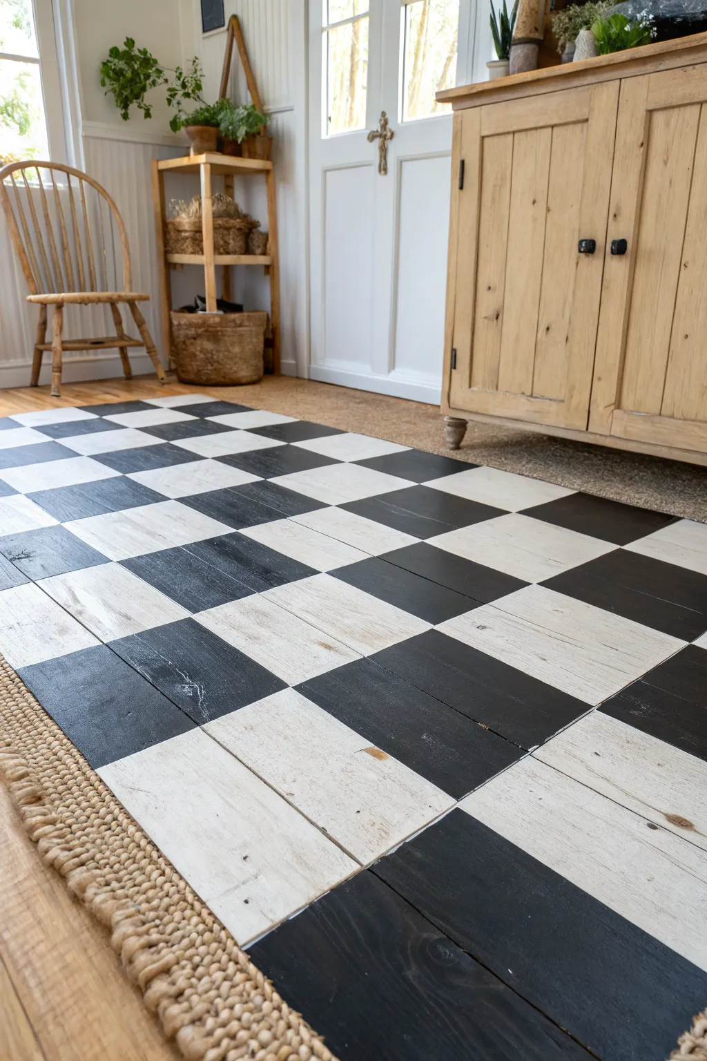 Elevate your space with a timeless checkerboard wood floor design, blending classic elegance with modern minimalist charm.