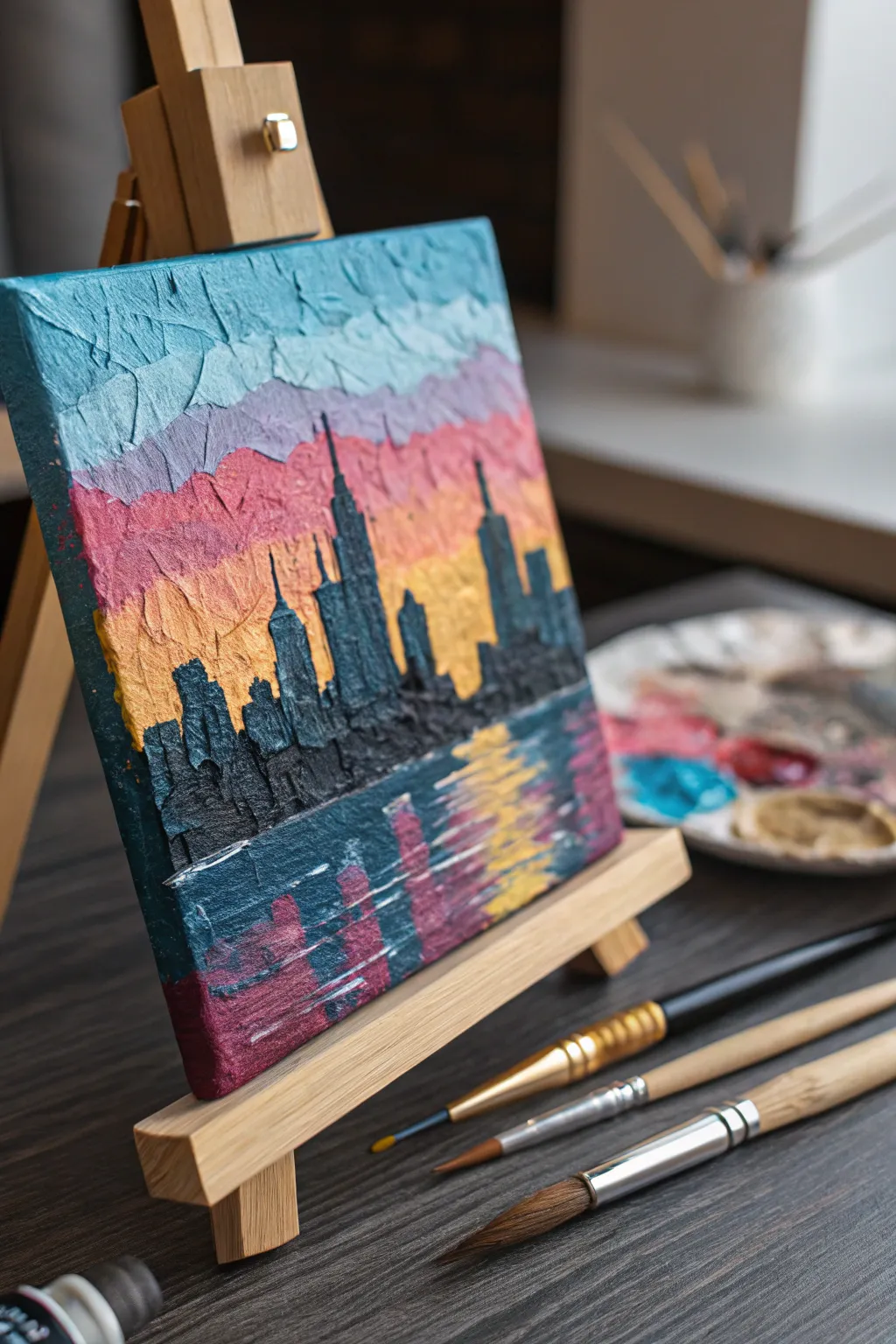 Capture the vibrant essence of city life with a palette knife masterpiece.