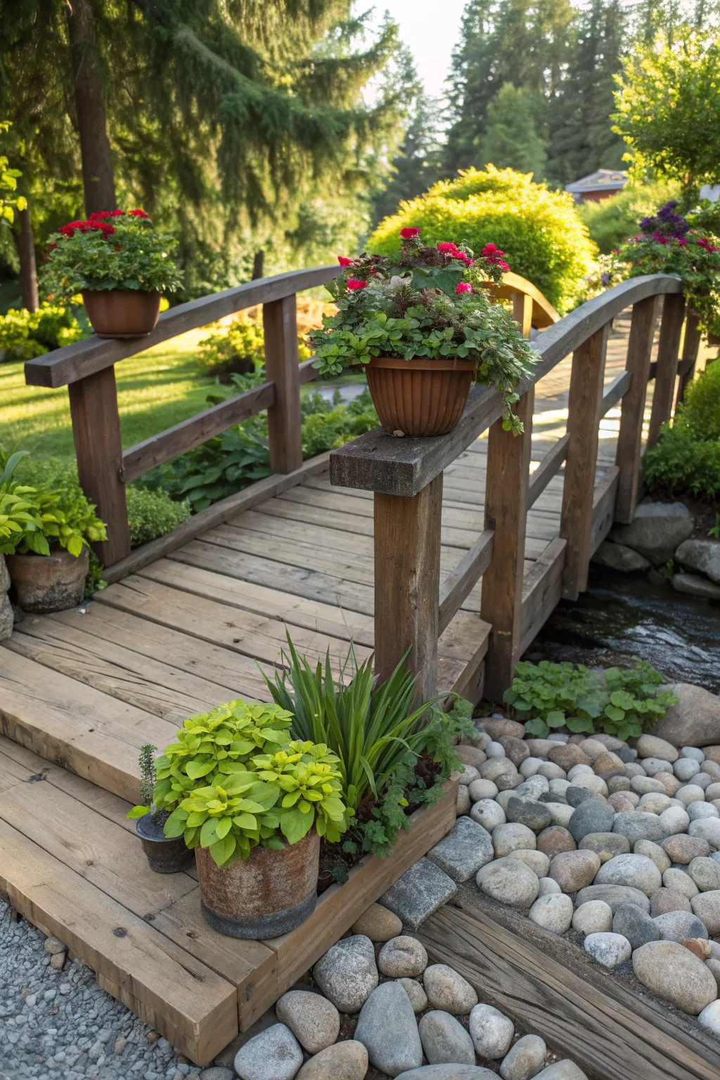 Transform your garden with a charming pallet bridge, accented by nature's vibrant touch.