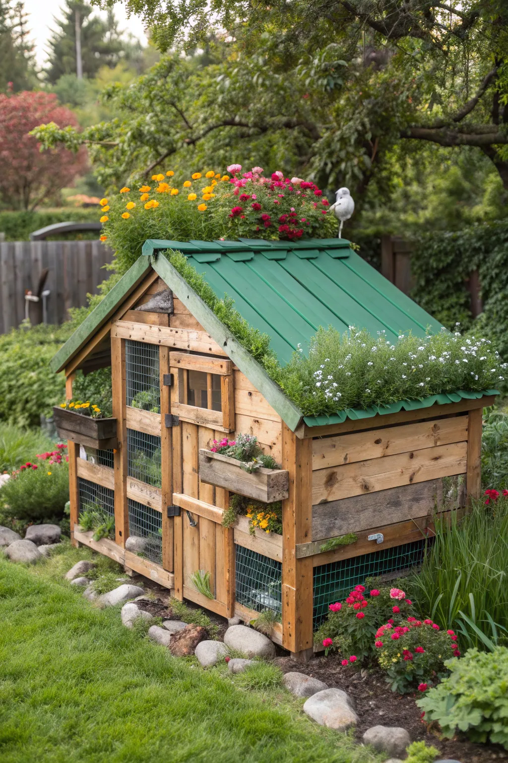 Elevate your garden with a stunning pallet chicken coop featuring a vibrant green roof. Perfect for those who appreciate craftsmanship and nature.