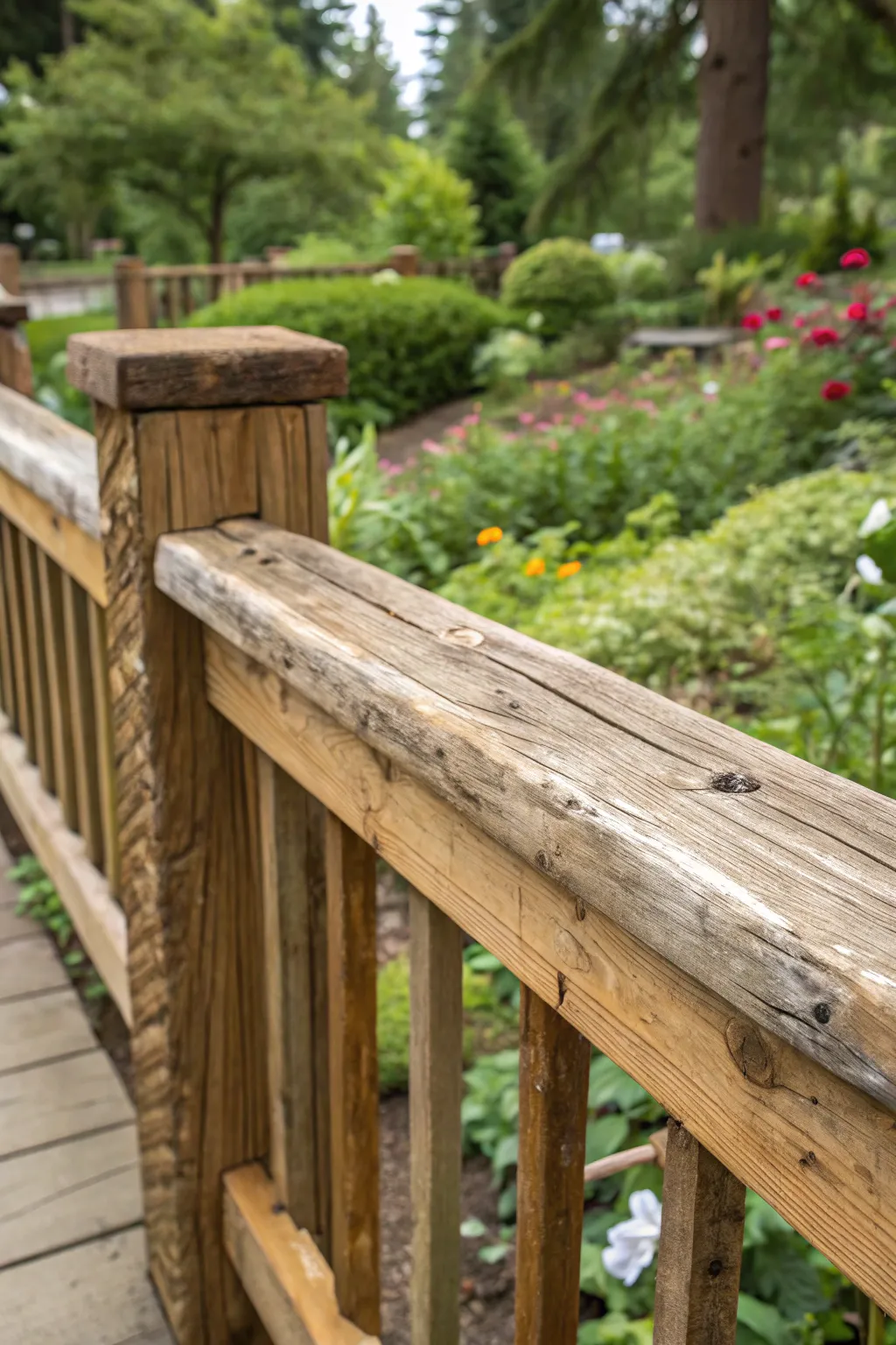 Embrace rustic charm with a naturally weathered pallet railing, perfect for blending into any garden paradise.