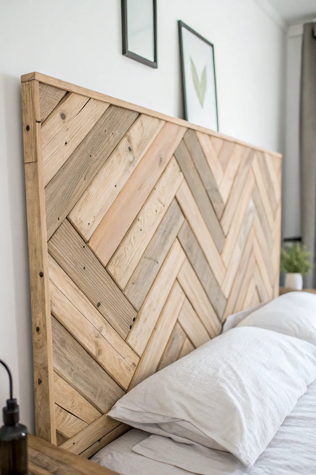 Transform your bedroom with a stunning herringbone pallet headboard—where craftsmanship meets minimalist elegance.
