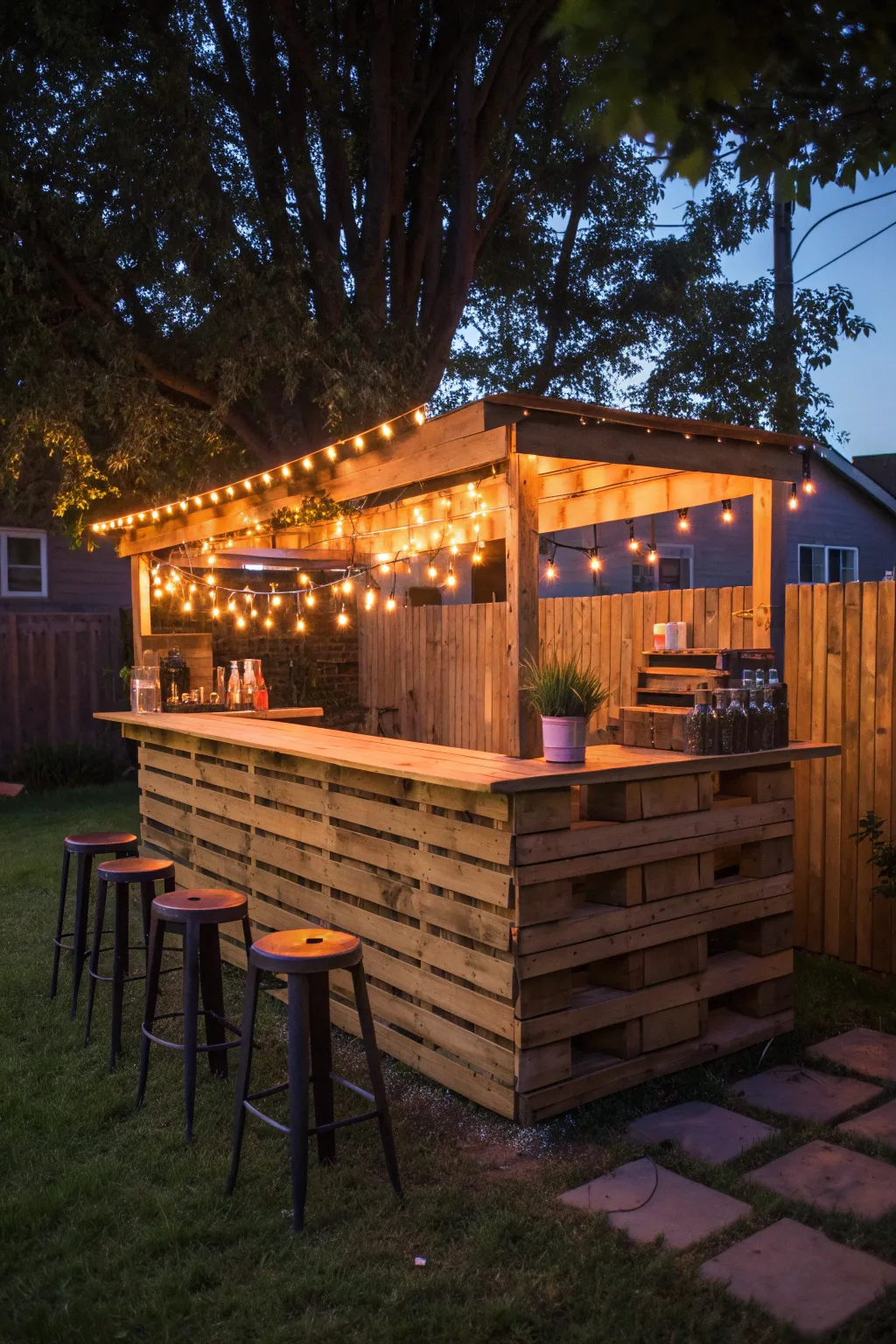 Transform your evenings with a rustic pallet bar and ambient string lights.