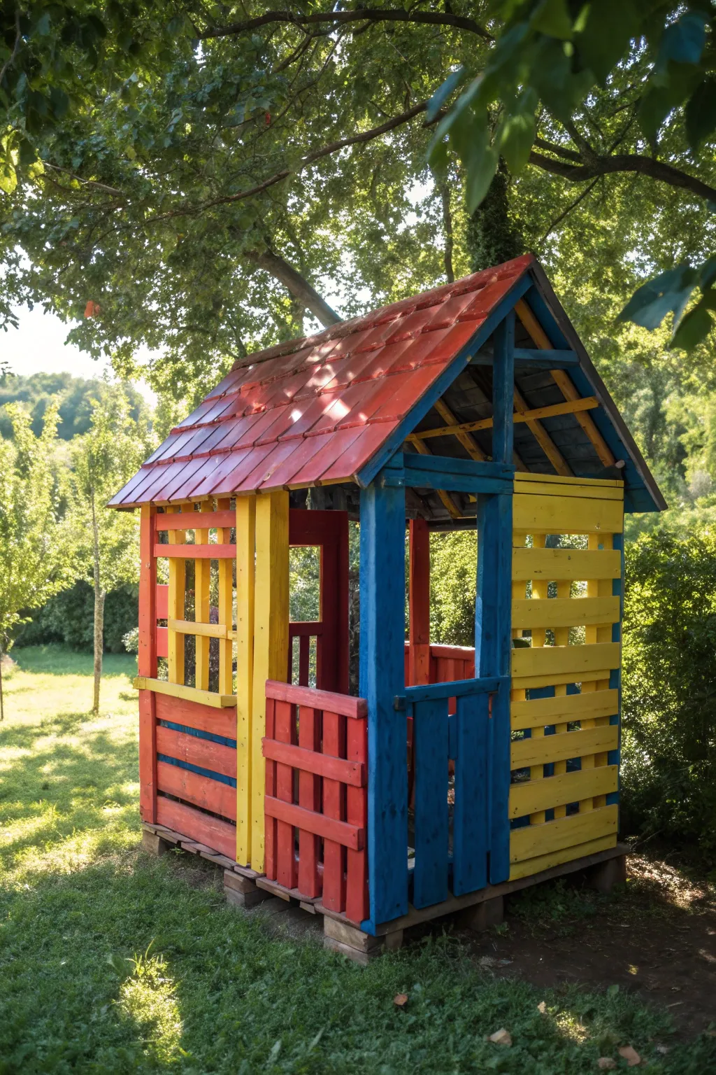 Transform a playhouse into a whimsical wonderland with a vibrant pallet roof!