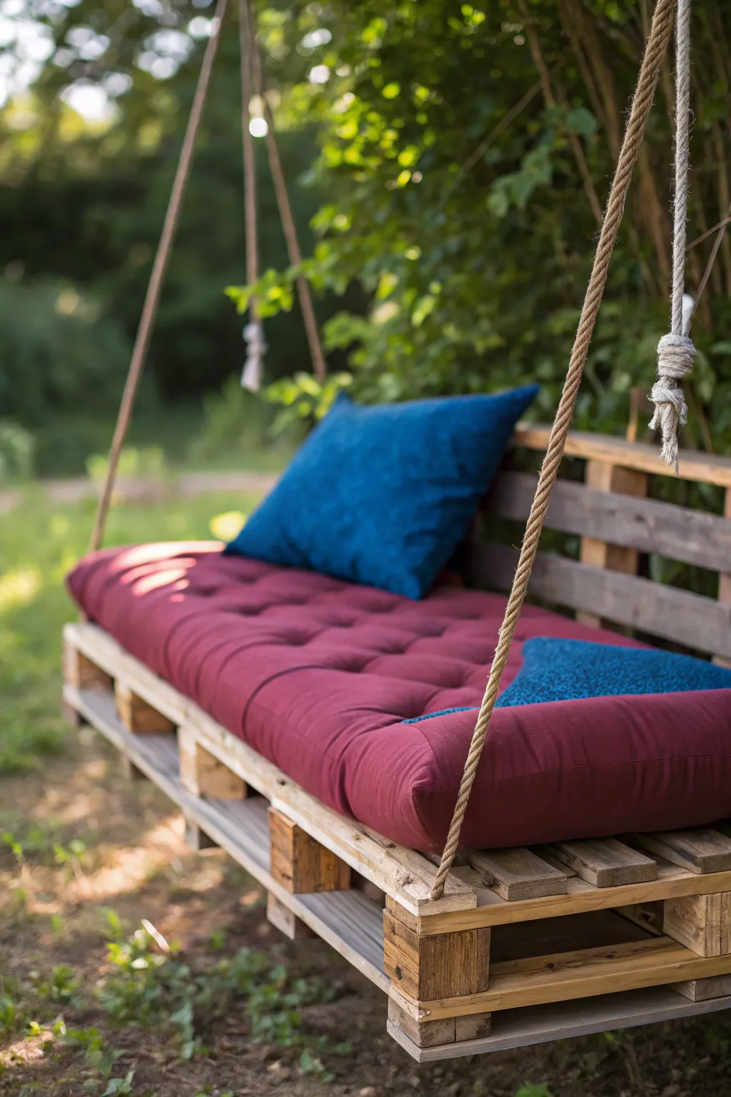 Elevate your relaxation with a handcrafted pallet swinging daybed—a perfect blend of rustic charm and plush comfort.