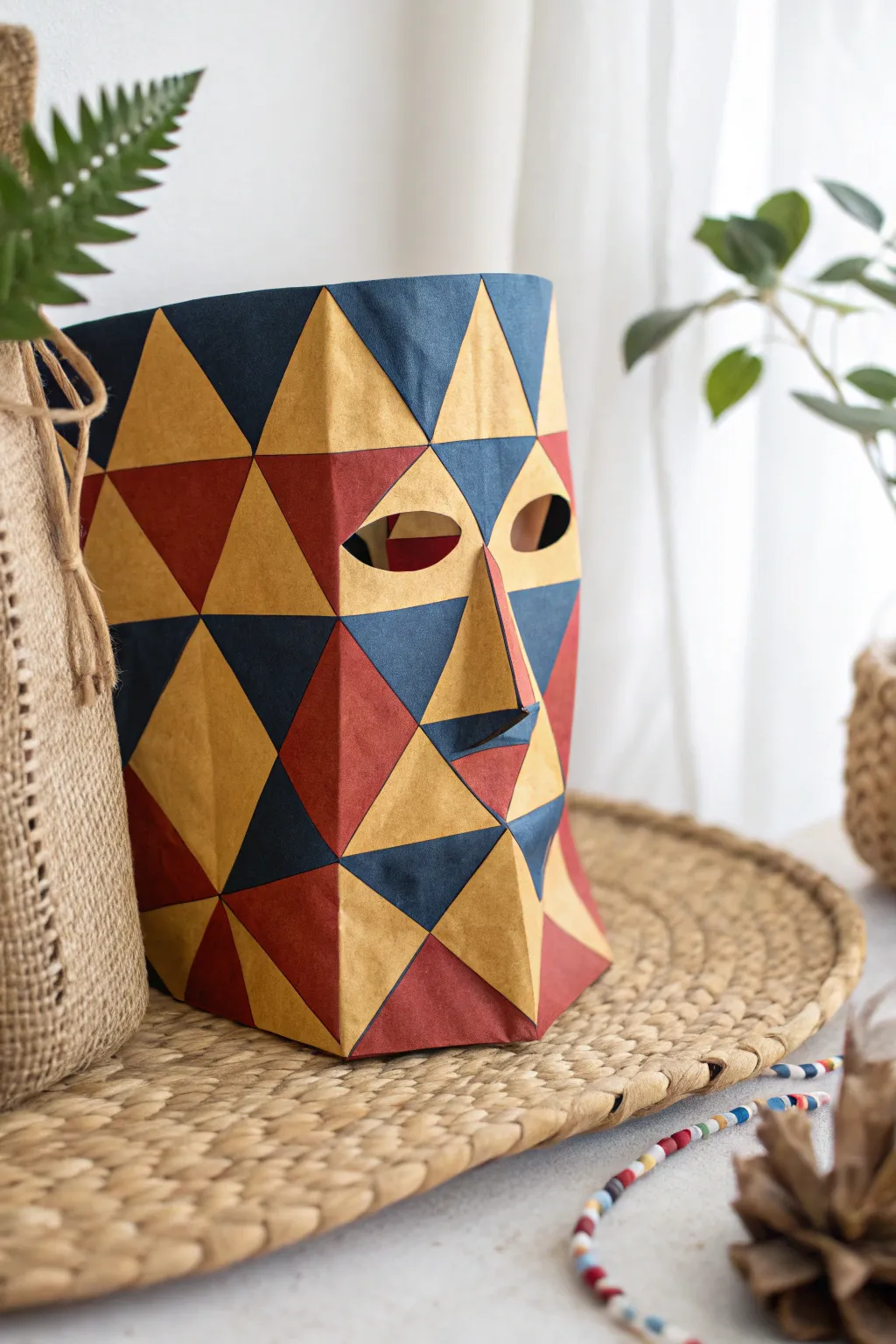 Transform your look with this striking geometric paper bag mask – where minimalism meets modern art.