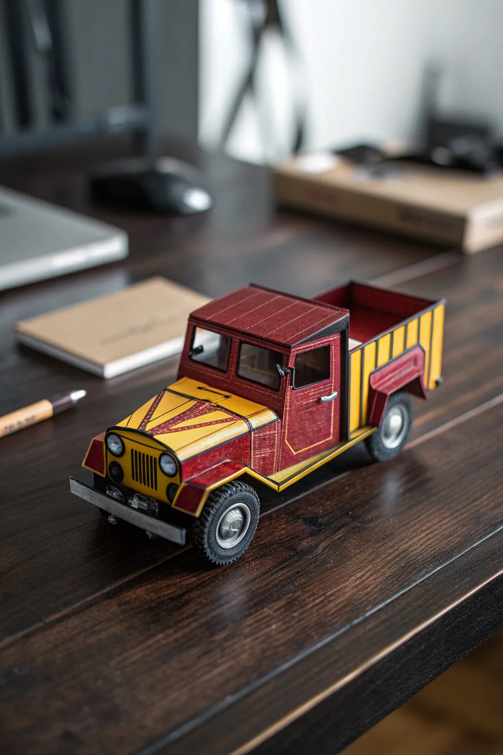 Craft your imagination: A vibrant paper truck adding a touch of whimsy to your workspace.