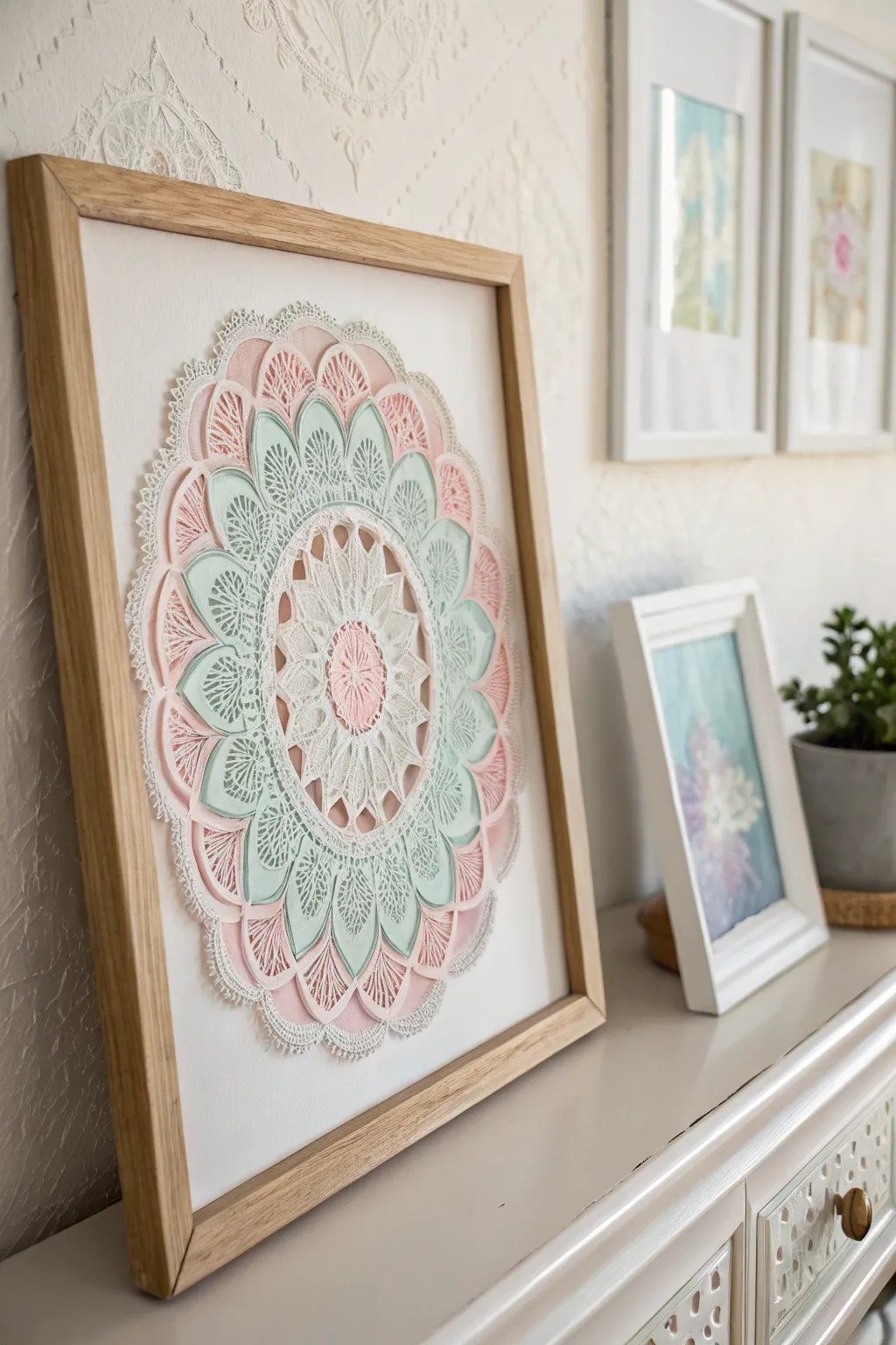 Transform tradition into art with painted doilies, adding a splash of color and creativity to your minimalist space.