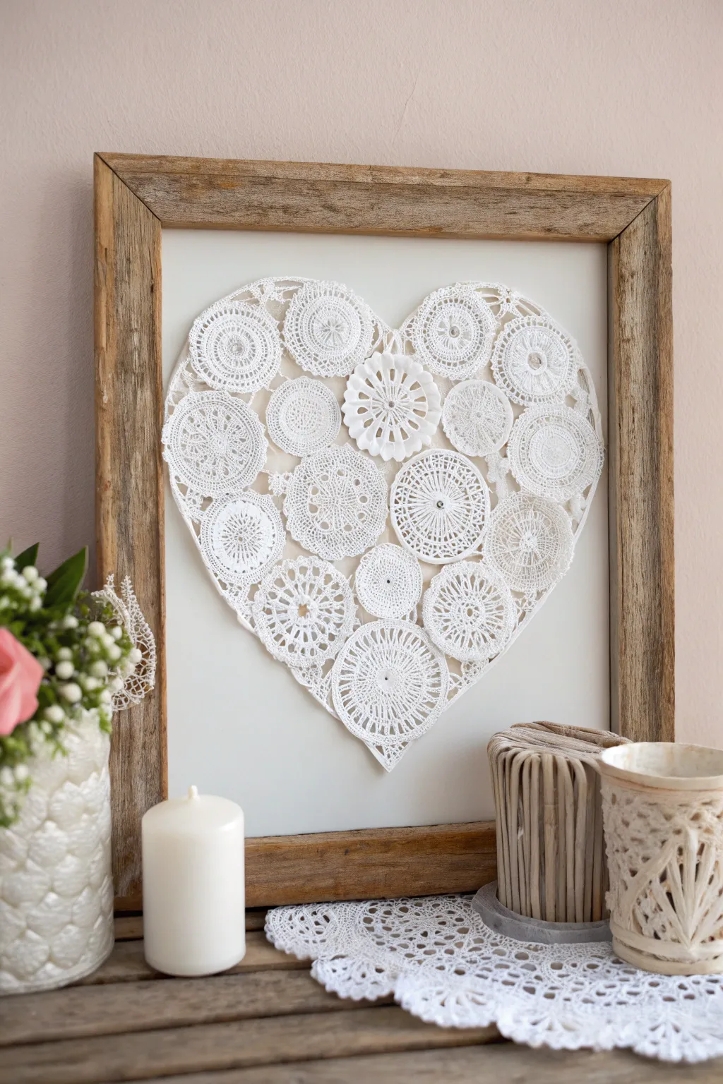 Add a touch of romance to your home with this elegant doily heart wall art.