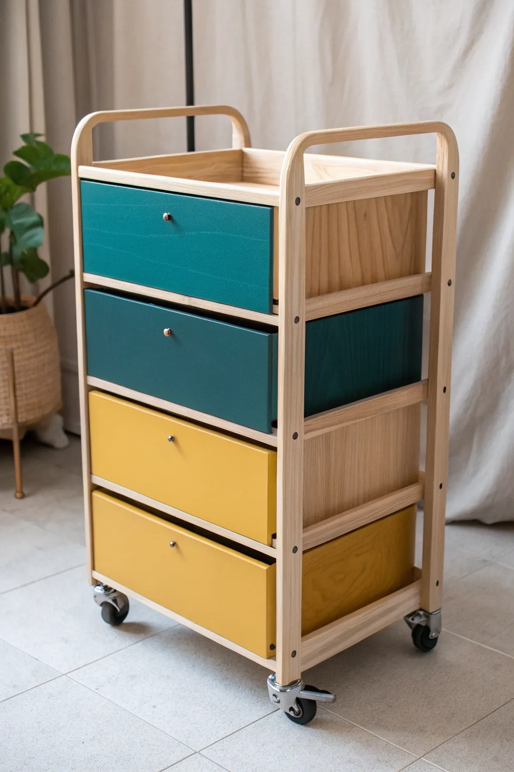 Effortless organization meets Scandinavian charm with this mobile cart solution. Perfect for transitioning your workspace from studio to living area with ease.
