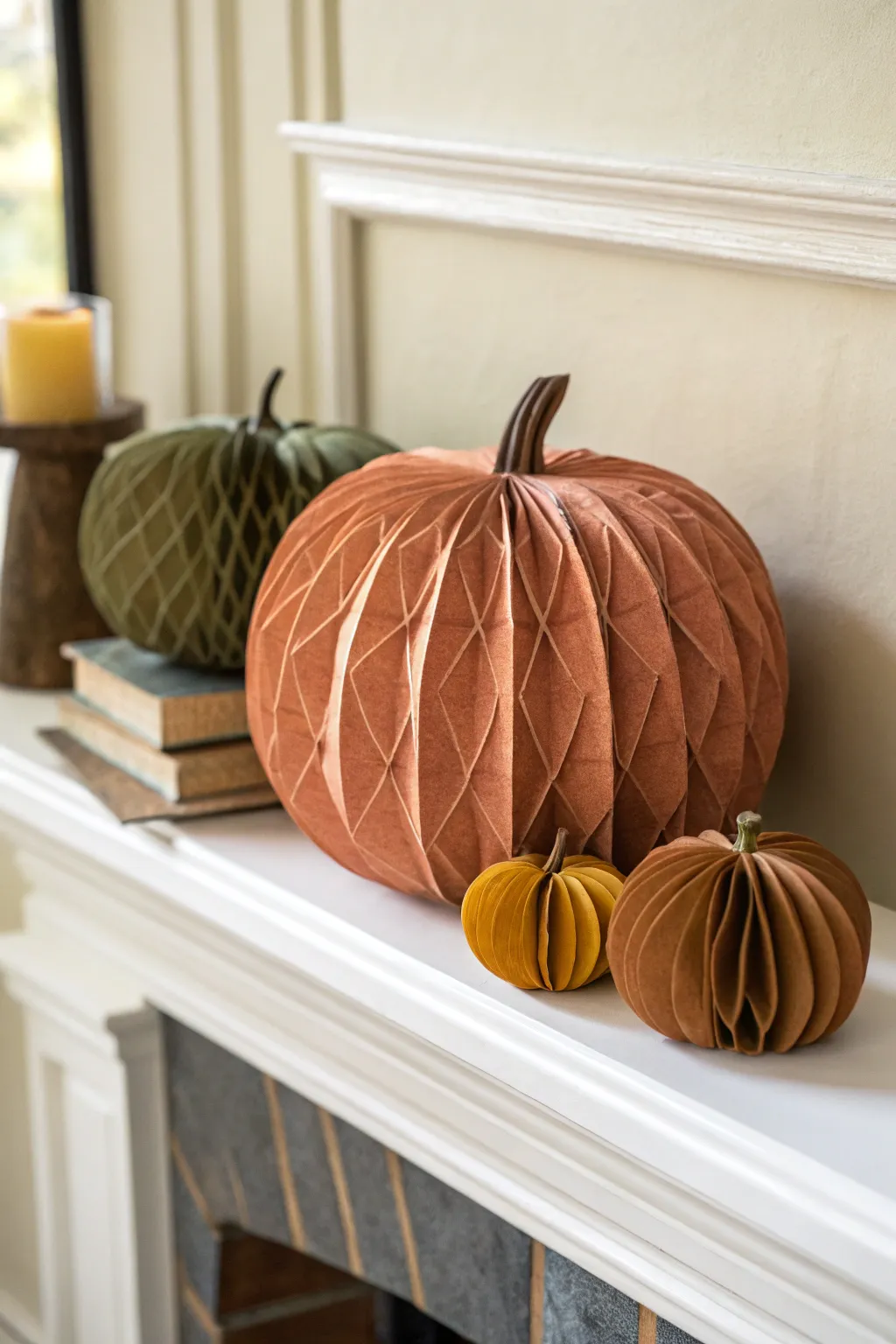Transform your mantle into a cozy autumn haven with a handcrafted paper pumpkin display that captures the essence of minimalist beauty.