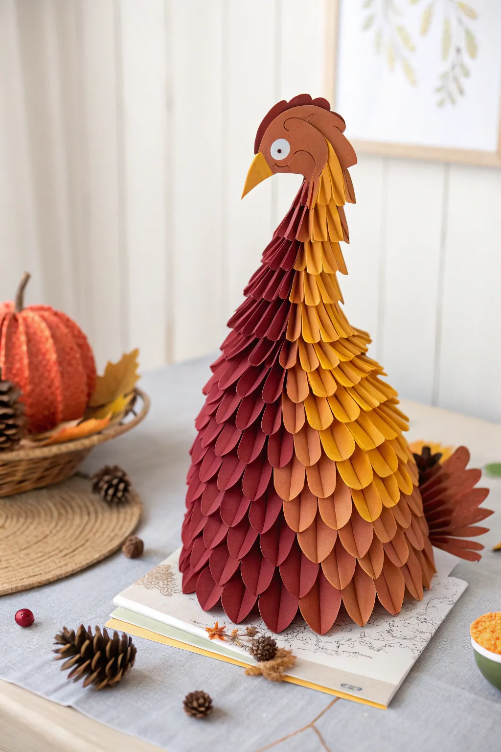 Craft your holiday table with a touch of minimalist elegance — this 3D paper cone turkey is a stunning centerpiece.