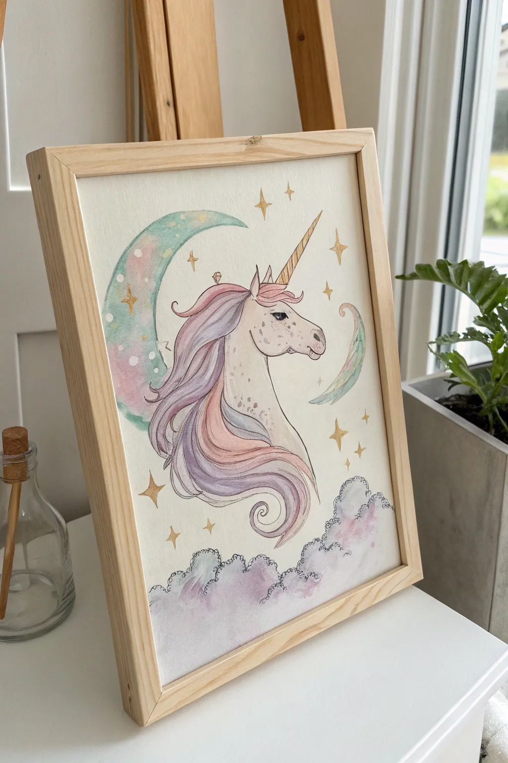 Embrace the magic of fantasy with this pastel unicorn masterpiece—perfect for adding a whimsical touch to your minimalist space.