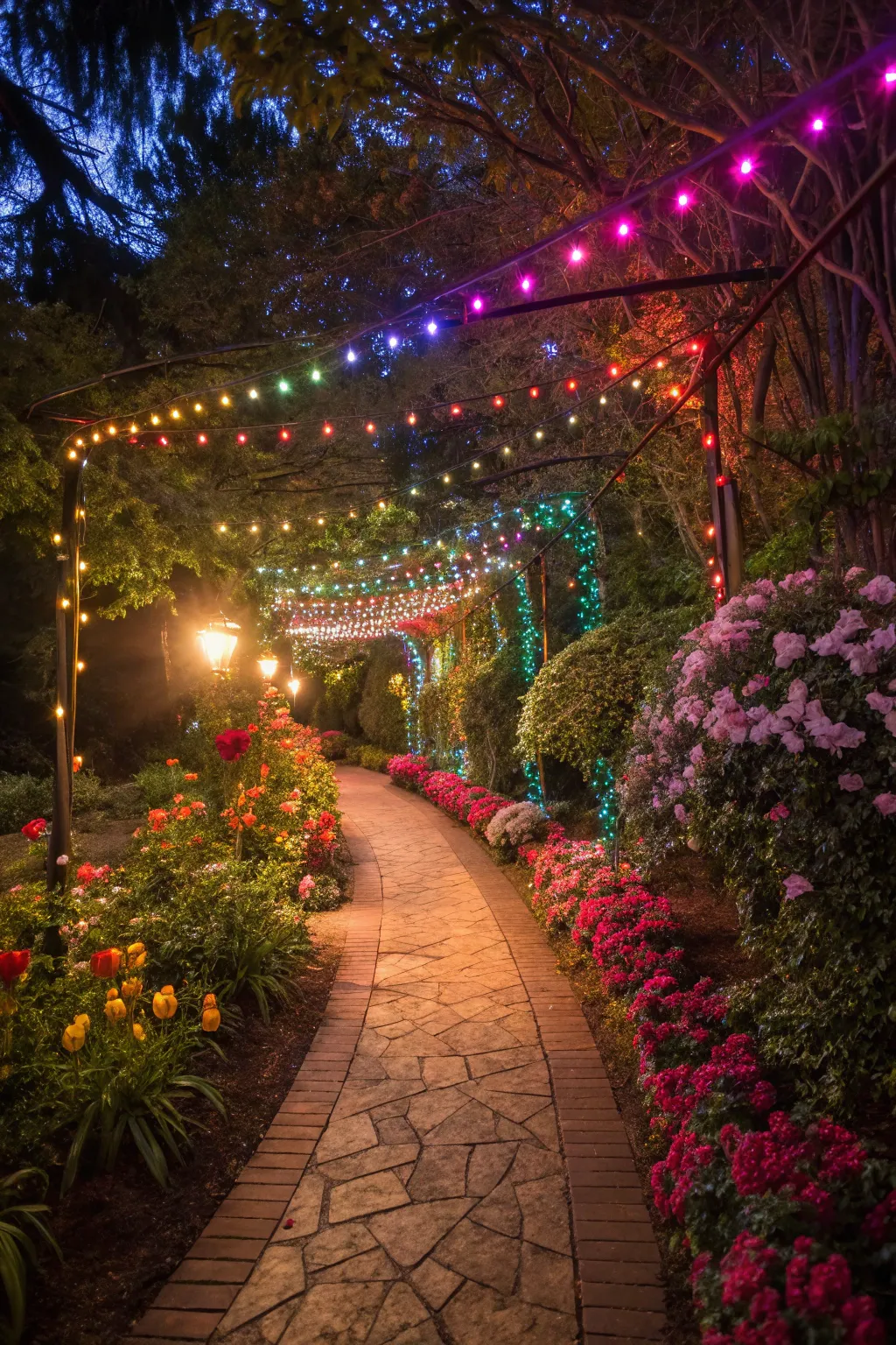 Colorful lights transform your garden path into a vibrant celebration.